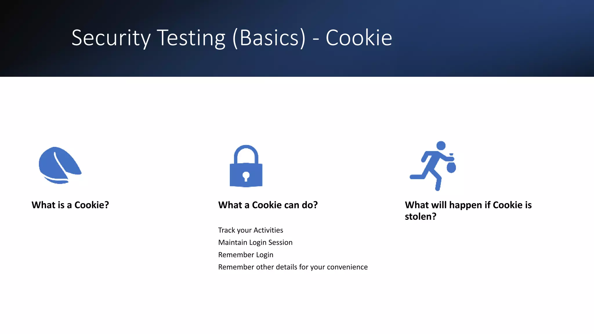 Security Testing (Basics) - Cookie
What is a Cookie? What a Cookie can do?
Track your Activities
Maintain Login Session
Remember Login
Remember other details for your convenience
What will happen if Cookie is
stolen?
 