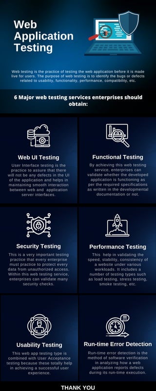 Web
Application
Testing
Web testing is the practice of testing the web application before it is made
live for users. The purpose of web testing is to identify the bugs or defects
related to usability, functionality, performance, compatibility, etc.
6 Major web testing services enterprises should
obtain:
User Interface testing is the
practice to assure that there
will not be any defects in the UI
of the application and helps in
maintaining smooth interaction
between web and application
server interfaces.
Web UI Testing
By achieving this web testing
service, enterprises can
validate whether the developed
application is functioning as
per the required specifications
as written in the developmental
documentation or not.
Functional Testing
This is a very important testing
practice that every enterprise
must practice to protect every
data from unauthorized access.
Within this web testing service,
enterprises can validate many
security checks.
Security Testing
This help in validating the
speed, stability, consistency of
a website under various
workloads. It includes a
number of testing types such
as load testing, stress testing,
smoke testing, etc.
Performance Testing
This web app testing type is
combined with User Acceptance
testing because these totally help
in achieving a successful user
experience.
Usability Testing
Run-time error detection is the
method of software verification
in analyzing how a web
application reports defects
during its run-time execution.
Run-time Error Detection
THANK YOU