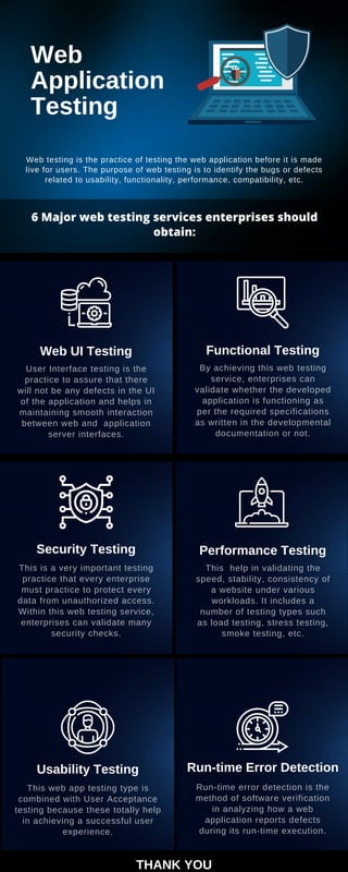 Web
Application
Testing
Web testing is the practice of testing the web application before it is made
live for users. The purpose of web testing is to identify the bugs or defects
related to usability, functionality, performance, compatibility, etc.
6 Major web testing services enterprises should
obtain:
User Interface testing is the
practice to assure that there
will not be any defects in the UI
of the application and helps in
maintaining smooth interaction
between web and application
server interfaces.
Web UI Testing
By achieving this web testing
service, enterprises can
validate whether the developed
application is functioning as
per the required specifications
as written in the developmental
documentation or not.
Functional Testing
This is a very important testing
practice that every enterprise
must practice to protect every
data from unauthorized access.
Within this web testing service,
enterprises can validate many
security checks.
Security Testing
This help in validating the
speed, stability, consistency of
a website under various
workloads. It includes a
number of testing types such
as load testing, stress testing,
smoke testing, etc.
Performance Testing
This web app testing type is
combined with User Acceptance
testing because these totally help
in achieving a successful user
experience.
Usability Testing
Run-time error detection is the
method of software verification
in analyzing how a web
application reports defects
during its run-time execution.
Run-time Error Detection
THANK YOU
 