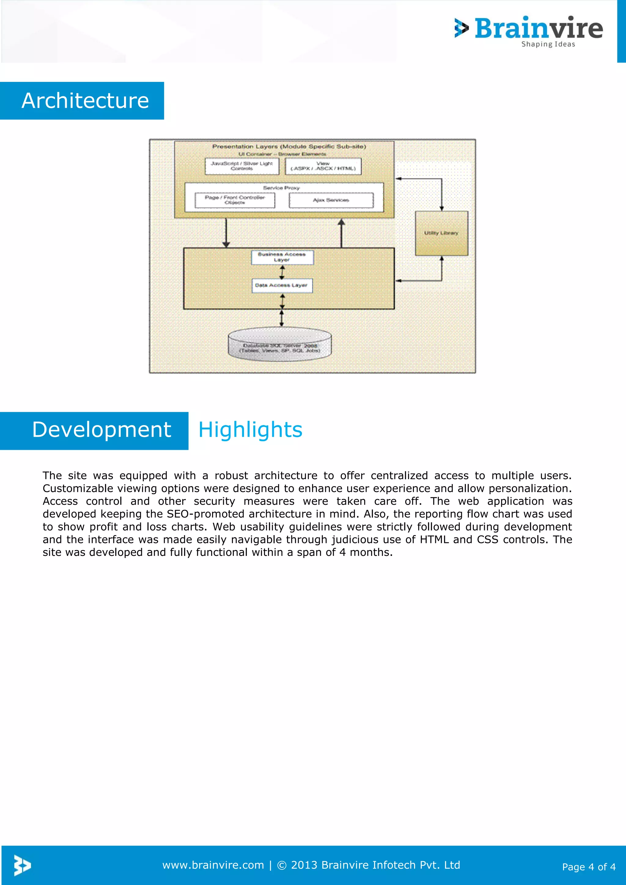 www.brainvire.com | © 2013 Brainvire Infotech Pvt. Ltd Page 4 of 4
Architecture
Development Highlights
The site was equipped with a robust architecture to offer centralized access to multiple users.
Customizable viewing options were designed to enhance user experience and allow personalization.
Access control and other security measures were taken care off. The web application was
developed keeping the SEO-promoted architecture in mind. Also, the reporting flow chart was used
to show profit and loss charts. Web usability guidelines were strictly followed during development
and the interface was made easily navigable through judicious use of HTML and CSS controls. The
site was developed and fully functional within a span of 4 months.
 