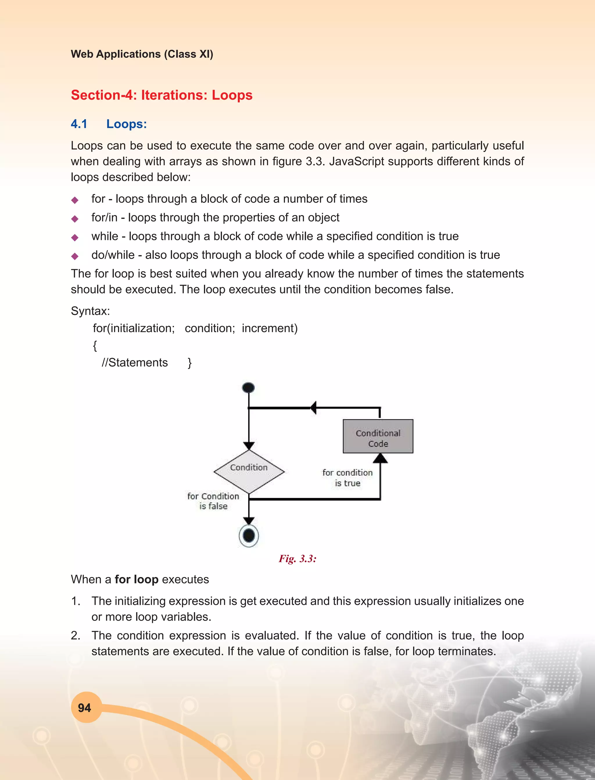 94
Web Applications (Class XI)
Section-4: Iterations: Loops
4.1	Loops:
Loops can be used to execute the same code over and over again, particularly useful
when dealing with arrays as shown in figure 3.3. JavaScript supports different kinds of
loops described below:
u	 for - loops through a block of code a number of times
u	 for/in - loops through the properties of an object
u	 while - loops through a block of code while a specified condition is true
u	 do/while - also loops through a block of code while a specified condition is true
The for loop is best suited when you already know the number of times the statements
should be executed. The loop executes until the condition becomes false.
Syntax:
for(initialization; condition; increment)
{
//Statements }
Fig. 3.3:
When a for loop executes
1.	 The initializing expression is get executed and this expression usually initializes one
or more loop variables.
2.	 The condition expression is evaluated. If the value of condition is true, the loop
statements are executed. If the value of condition is false, for loop terminates.
 