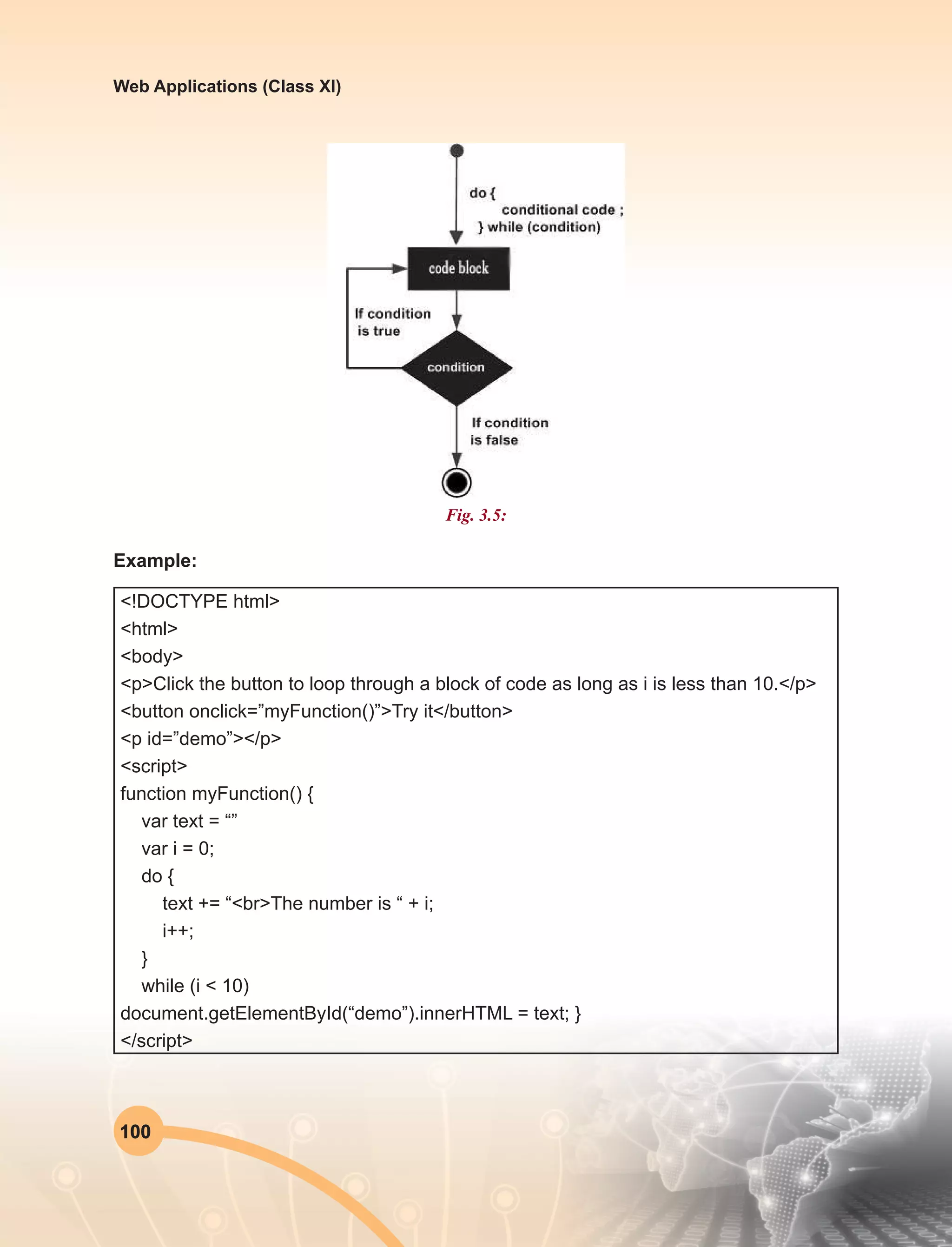 100
Web Applications (Class XI)
Fig. 3.5:
Example:
<!DOCTYPE html>
<html>
<body>
<p>Click the button to loop through a block of code as long as i is less than 10.</p>
<button onclick=”myFunction()”>Try it</button>
<p id=”demo”></p>
<script>
function myFunction() {
var text = “”
var i = 0;
do {
text += “<br>The number is “ + i;
i++;
}
while (i < 10)
document.getElementById(“demo”).innerHTML = text; }
</script>
 