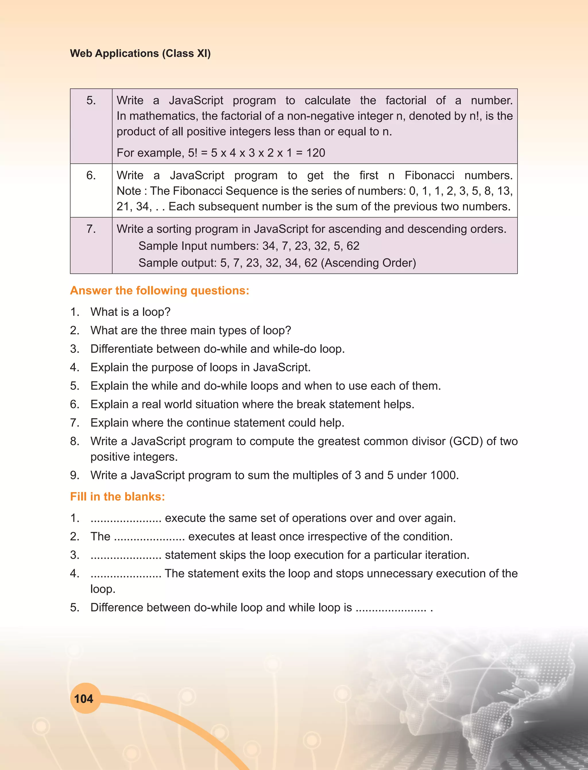 104
Web Applications (Class XI)
5. Write a JavaScript program to calculate the factorial of a number. 
In mathematics, the factorial of a non-negative integer n, denoted by n!, is the
product of all positive integers less than or equal to n.
For example, 5! = 5 x 4 x 3 x 2 x 1 = 120 
6. Write a JavaScript program to get the first n Fibonacci numbers. 
Note : The Fibonacci Sequence is the series of numbers: 0, 1, 1, 2, 3, 5, 8, 13,
21, 34, . . Each subsequent number is the sum of the previous two numbers.
7. Write a sorting program in JavaScript for ascending and descending orders.
Sample Input numbers: 34, 7, 23, 32, 5, 62
Sample output: 5, 7, 23, 32, 34, 62 (Ascending Order)
Answer the following questions:
1.	 What is a loop?
2.	 What are the three main types of loop?
3.	 Differentiate between do-while and while-do loop.
4.	 Explain the purpose of loops in JavaScript.
5.	 Explain the while and do-while loops and when to use each of them.
6.	 Explain a real world situation where the break statement helps.
7.	 Explain where the continue statement could help.
8.	 Write a JavaScript program to compute the greatest common divisor (GCD) of two
positive integers. 
9.	 Write a JavaScript program to sum the multiples of 3 and 5 under 1000. 
Fill in the blanks:
1.	 ...................... execute the same set of operations over and over again.
2.	 The ...................... executes at least once irrespective of the condition.
3.	 ...................... statement skips the loop execution for a particular iteration.
4.	 ...................... The statement exits the loop and stops unnecessary execution of the
loop.
5.	 Difference between do-while loop and while loop is ...................... .
 