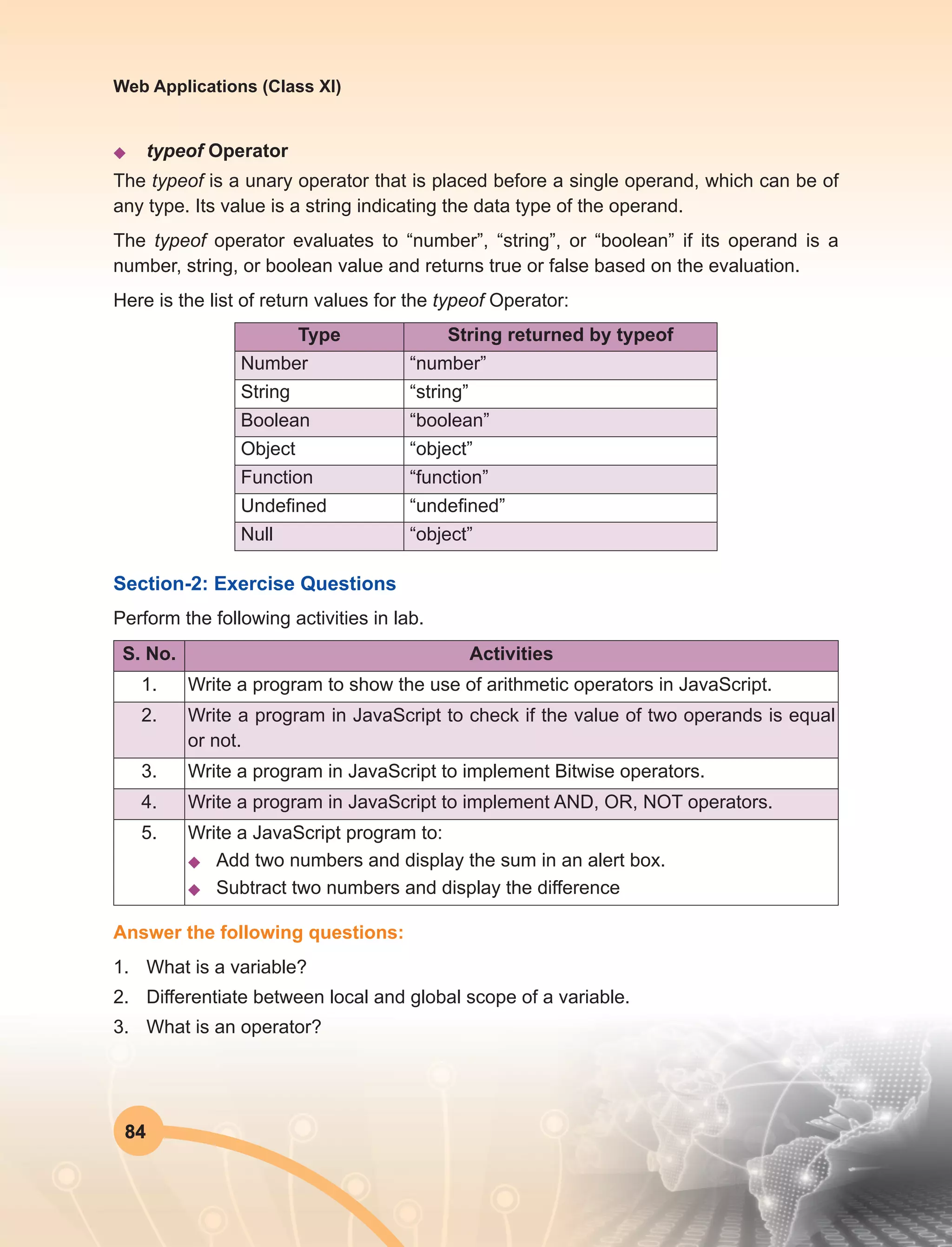 84
Web Applications (Class XI)
u	typeof Operator
The typeof is a unary operator that is placed before a single operand, which can be of
any type. Its value is a string indicating the data type of the operand.
The typeof operator evaluates to “number”, “string”, or “boolean” if its operand is a
number, string, or boolean value and returns true or false based on the evaluation.
Here is the list of return values for the typeof Operator:
Type String returned by typeof
Number “number”
String “string”
Boolean “boolean”
Object “object”
Function “function”
Undefined “undefined”
Null “object”
Section-2: Exercise Questions
Perform the following activities in lab.
S. No. Activities
1. Write a program to show the use of arithmetic operators in JavaScript.
2. Write a program in JavaScript to check if the value of two operands is equal
or not.
3. Write a program in JavaScript to implement Bitwise operators.
4. Write a program in JavaScript to implement AND, OR, NOT operators.
5. Write a JavaScript program to:
u	 Add two numbers and display the sum in an alert box.
u	 Subtract two numbers and display the difference
Answer the following questions:
1.	 What is a variable?
2.	 Differentiate between local and global scope of a variable.
3.	 What is an operator?
 