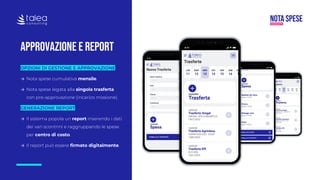APPROVAZIONE E REPORT
OPZIONI DI GESTIONE E APPROVAZIONE
→ Nota spese cumulativa mensile.
→ Nota spese legata alla singola trasferta
con pre-approvazione (incarico missione).
GENERAZIONE REPORT
→ Il sistema popola un report inserendo i dati
dei vari scontrini e raggruppando le spese
per centro di costo.
→ Il report può essere firmato digitalmente.
 