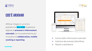 COS’È ARXIVAR
ARXivar integra in un’unica
piattaforma low code la gestione
digitale di processi e informazioni
aziendali con le caratteristiche più
innovative di collaboration, mobile
working e reporting.
→ Centro delle informazioni aziendali
→ Gestione dei processi (Workflow)
→ Report e dashboard
 