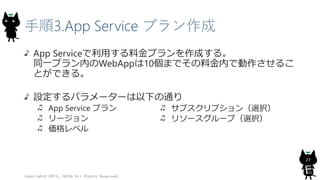 手順3.App Service プラン作成
App Serviceで利用する料金プランを作成する。
同一プラン内のWebAppは10個までその料金内で動作させるこ
とができる。
設定するパラメーターは以下の通り
App Service プラン
リージョン
価格レベル
Copyright© 2015, JAZUG All Rights Reserved.
27
サブスクリプション（選択）
リソースグループ（選択）
 