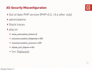A5-Security Misconfiguration

‣ Out of date PHP version (PHP<5.3, <5.4 after July)
‣ admin/admin
‣ Stack traces
‣ php.ini
• max_execution_time= 0
• session.cookie_httponly = Off
• session.cookie_secure = Off
• allow_url_fopen = On
• See: PhpSecInfo

12
Wednesday, February 5, 14

 