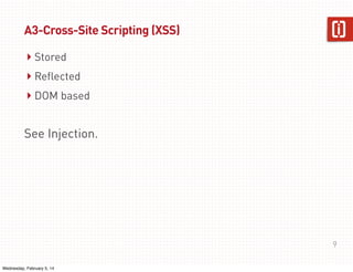 A3-Cross-Site Scripting (XSS)

‣ Stored
‣ Reflected
‣ DOM based
See Injection.

9
Wednesday, February 5, 14

 