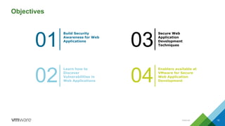 Internal 10
Build Security
Awareness for Web
Applications
02
01
Secure Web
Application
Development
Techniques
03
04
Learn how to
Discover
Vulnerabilities in
Web Applications
Enablers available at
VMware for Secure
Web Application
Development
Objectives
 
