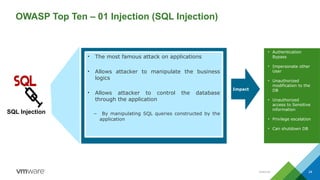 Internal 24
OWASP Top Ten – 01 Injection (SQL Injection)
• The most famous attack on applications
• Allows attacker to manipulate the business
logics
• Allows attacker to control the database
through the application
– By manipulating SQL queries constructed by the
application
SQL Injection
Impact
• Authentication
Bypass
• Impersonate other
User
• Unauthorized
modification to the
DB
• Unauthorized
access to Sensitive
information
• Privilege escalation
• Can shutdown DB
 