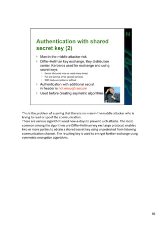 This 
is 
the 
problem 
of 
assuring 
that 
there 
is 
no 
man-­‐in-­‐the-­‐middle 
aIacker 
who 
is 
trying 
to 
read 
or 
spoof 
the 
communicaAon. 
There 
are 
various 
algorithms 
used 
now-­‐a-­‐days 
to 
prevent 
such 
aIacks. 
The 
most 
common 
among 
the 
algorithms 
are 
Diffie–Hellman 
key 
exchange 
protocol, 
enables 
two 
or 
more 
parAes 
to 
obtain 
a 
shared 
secret 
key 
using 
unprotected 
from 
listening 
communicaAon 
channel. 
The 
resulAng 
key 
is 
used 
to 
encrypt 
further 
exchange 
using 
symmetric 
encrypAon 
algorithms. 
10 
 