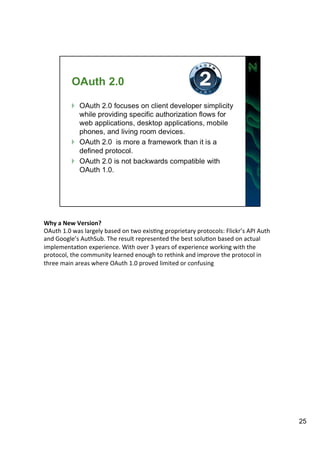 Why 
a 
New 
Version? 
OAuth 
1.0 
was 
largely 
based 
on 
two 
exisAng 
proprietary 
protocols: 
Flickr’s 
API 
Auth 
and 
Google’s 
AuthSub. 
The 
result 
represented 
the 
best 
soluAon 
based 
on 
actual 
implementaAon 
experience. 
With 
over 
3 
years 
of 
experience 
working 
with 
the 
protocol, 
the 
community 
learned 
enough 
to 
rethink 
and 
improve 
the 
protocol 
in 
three 
main 
areas 
where 
OAuth 
1.0 
proved 
limited 
or 
confusing 
25 
 