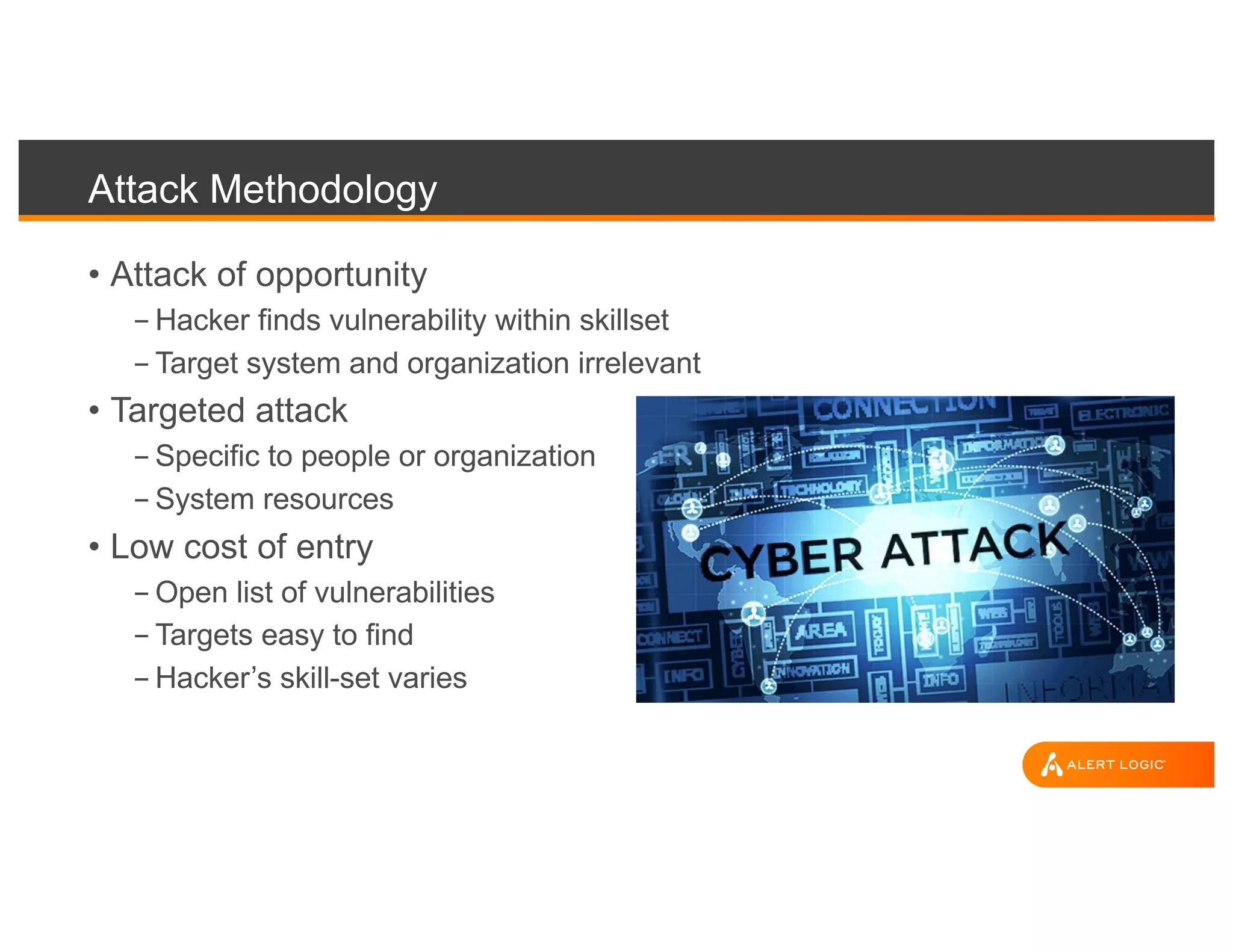 Attack Methodology
• Attack of opportunity
- Hacker finds vulnerability within skillset
- Target system and organization irrelevant
• Targeted attack
- Specific to people or organization
- System resources
• Low cost of entry
- Open list of vulnerabilities
- Targets easy to find
- Hacker’s skill-set varies
 