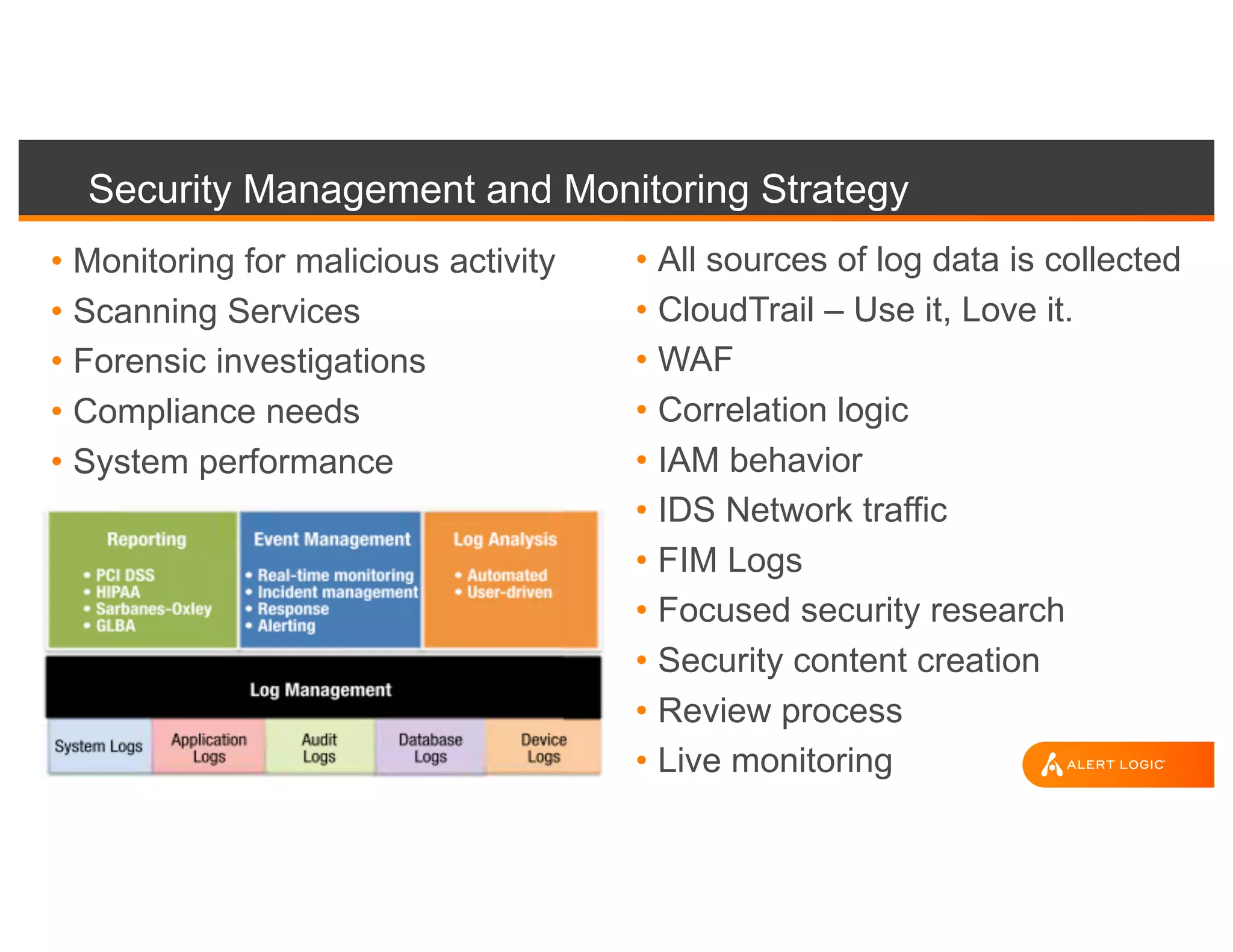 Security Management and Monitoring Strategy
• Monitoring for malicious activity
• Scanning Services
• Forensic investigations
• Compliance needs
• System performance
• All sources of log data is collected
• CloudTrail – Use it, Love it.
• WAF
• Correlation logic
• IAM behavior
• IDS Network traffic
• FIM Logs
• Focused security research
• Security content creation
• Review process
• Live monitoring
 
