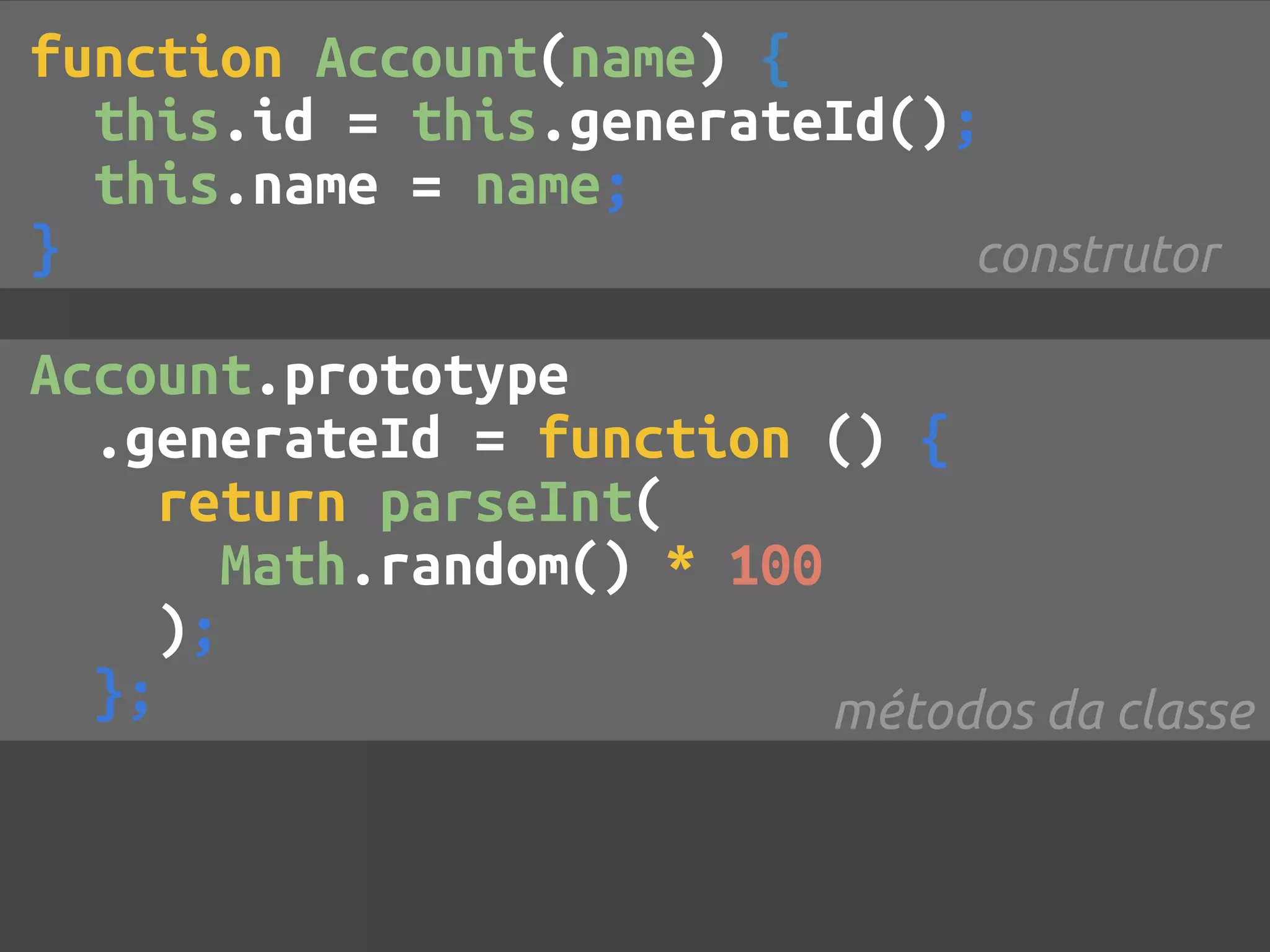 function Account(name) { this.id = this.generateId(); this.name = name; } construtor Account.prototype .generateId = function () { return parseInt( Math.random() * 100 ); }; métodos da classe 