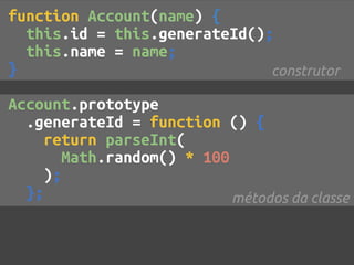 function Account(name) {
  this.id = this.generateId();
  this.name = name;
}                             construtor

Account.prototype
  .generateId = function () {
     return parseInt(
       Math.random() * 100
     );
  };                       métodos da classe
 