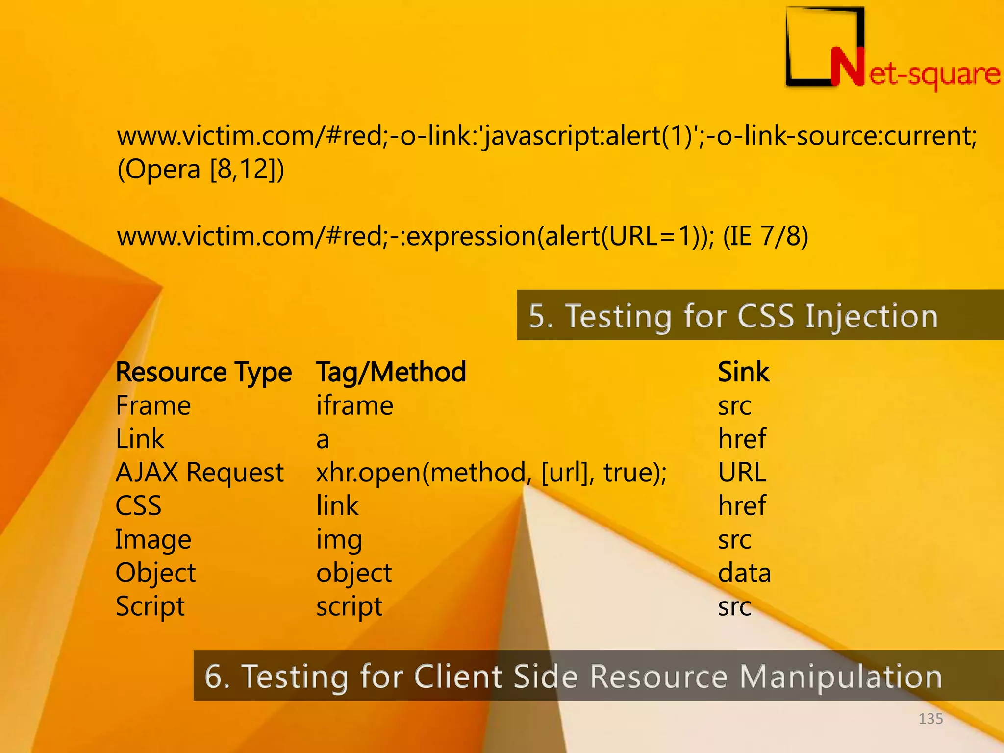 www.victim.com/#red;-o-link:'javascript:alert(1)';-o-link-source:current; (Opera [8,12]) www.victim.com/#red;-:expression(alert(URL=1)); (IE 7/8) Resource Type Tag/Method Sink Frame iframe src Link a href AJAX Request xhr.open(method, [url], true); URL CSS link href Image img src Object object data Script script src 135 