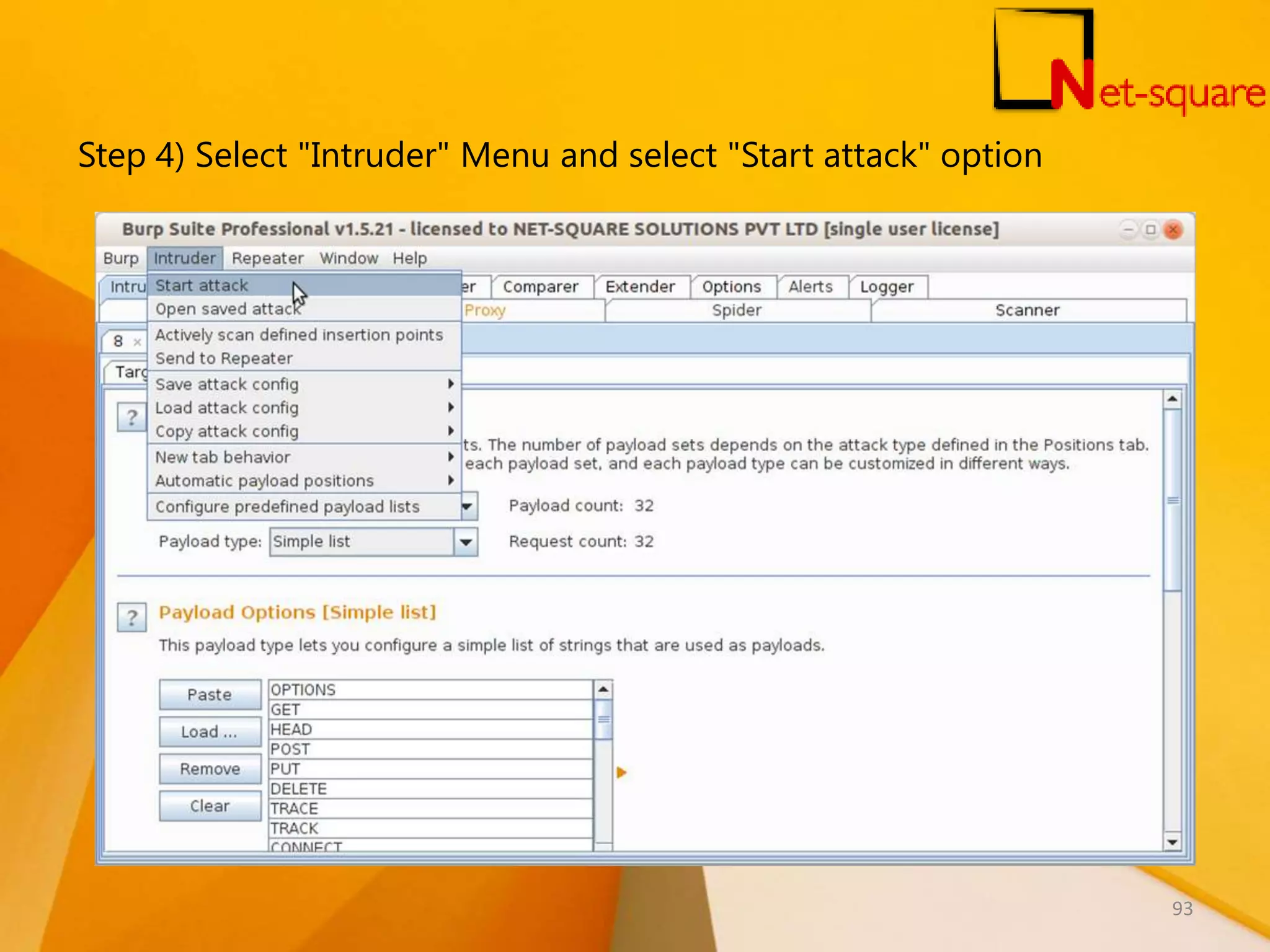 Step 4) Select "Intruder" Menu and select "Start attack" option 93 