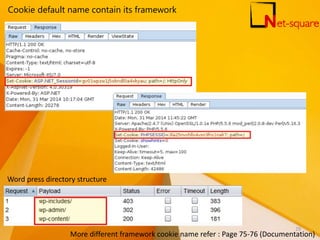 Cookie default name contain its framework
Word press directory structure
More different framework cookie name refer : Page 75-76 (Documentation)
29
 