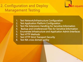 1. Test Network/Infrastructure Configuration
2. Test Application Platform Configuration
3. Test File Extensions Handling for Sensitive Information
4. Backup and Unreferenced Files for Sensitive Information
5. Enumerate Infrastructure and Application Admin Interfaces
6. Test HTTP Methods
7. Test HTTP Strict Transport Security
8. Test RIA cross domain policy
35
 