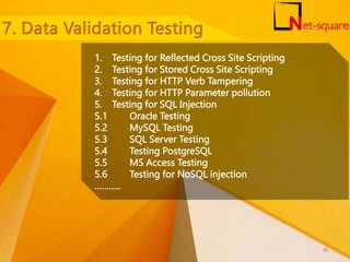 1. Testing for Reflected Cross Site Scripting
2. Testing for Stored Cross Site Scripting
3. Testing for HTTP Verb Tampering
4. Testing for HTTP Parameter pollution
5. Testing for SQL Injection
5.1 Oracle Testing
5.2 MySQL Testing
5.3 SQL Server Testing
5.4 Testing PostgreSQL
5.5 MS Access Testing
5.6 Testing for NoSQL injection
………..
85
 