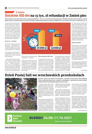 BEZPŁATNY BIULETYN INFORMACYJNY URZĘDU MIEJSKIEGO WROCŁAWIA #WrocławskiBudżetObywatelski
10
www.wroclaw.pl/wbo
Z miasta
Na placu zabaw przy własnym przedszkolu, w parkach: Szczytnickim, Staromiejskim,
Tołpy, w ogrodzie botanicznym, w sadzie i na wykopkach – najmłodsi wrocławianie Ogól-
nopolski Dzień Przedszkolaka spędzili na łonie natury.
– Natura ma same zalety, działa
24 godziny na dobę, 7 dni w tygo-
dniu, jest niesamowicie inspirują-
ca, inna o każdej porze – tłumaczy
Anna Zioło, dyrektor Zielonego
Przedszkola nr 121 przy ul. Tram-
wajowej, jedna z pomysłodawczyń
Dnia Pustej Sali. Organizuje się go
również w Wielkiej Brytanii i na
Słowacji.
Wrocławskie przedszkolaki czę-
sto wychodzą na podwórko, jed-
nak hasło, żeby wszystkie zrobi-
ły to jednego dnia, 20 września,
spotkało się z pełną aprobatą.
– Fajna idea – ocenia Teresa Saw-
czak, wicedyrektor Przedszkola nr
34 przy ul. Gdańskiej. Tam przed-
szkolaki bawiły się z paniami
z Magicznego Teatru Muzycznego,
a potem z własnymi nauczycielka-
mi na zajęciach sportowych.
– My w parku Szczytnickim bie-
galiśmy po trawie, wpatrywaliśmy
się w niebo, słuchaliśmy ptaków
i podpatrywaliśmy tajemne życie
owadów – opowiada Anna Zioło.
Starsze przedszkolaki (czyli ze-
rówki przedszkolne i szkolne)
wybrały się na dalsze wycieczki
– zwiedzanie Wrocławia i okolic.
Część grup wyjechała poza mia-
sto – do Trzebnicy, do Młyna Za-
wadka, na Przełęcz Tąpadła, do
Sielskiej Zagrody, na wykopki i do
sadu. Maluchy z Przedszkola 62
z ul. Stabłowickiej odwiedziły ko-
nie w stadninie, a te z Przedszko-
la 106 z ul. Sycowskiej wyprawiły
się aż pod... Syców, do arboretum
w Stradomi Leśnej. Inne dzie-
ci udały się pieszo na warsztaty
ceramiczne do Starej Piekarni,
a jeszcze inne grały w „Jaki to za-
bytek” na Ostrowie Tumskim
Dzień Pustej Sali został też zorga-
nizowany jako odpowiedź na sytu-
ację pandemiczną. – Zależy nam,
by przedszkolaki jak najczęściej
wychodziły na świeże powietrze
i oddawały się aktywnościom fi-
zycznym – mówi Marcin Miedziń-
ski, wicedyrektor Wydziału Przed-
szkoli i Szkół Podstawowych UMW.
Anna Aleksandrowicz
Dzień Pustej Sali we wrocławskich przedszkolach
Przedszkole 34 z ul. Gdańskiej odwiedził Magiczny Teatr Muzyczny
P34.WROCLAW.PL
Tylko do końca roku można skorzystać z najwyższej dopłaty – 15 tys. zł na wymianę starego kopciucha. W kolejnych latach dofinansowanie z miasta
będzie niższe. To ostatnia szansa, by złożyć wniosek o maksymalną dotację z programu KAWKA Plus i tym samym nie stracić co najmniej 3 tys. zł.
To kluczowy moment dla miesz-
kańców, którzy wciąż ogrzewa-
ją swoje mieszkania i domy za
pomocą pieców na paliwo stałe.
W przyszłym roku kwota dotacji
z programu KAWKA Plus będzie
niższa i wyniesie maksymalnie
do 12 tys. zł, w kolejnym roku
do 10 tys. zł, a w 2024 r. do 8 tys.
zł. Kwota dotacji będzie maleć,
wzrosną koszty wymiany pieca,
ponoszone przez wrocławian.
Do serca i... kieszeni
Wrocław bez trujących pieców do
roku 2024 – to założenie wro-
cławskiego magistratu jest real-
ne, jeśli mieszkańcy wezmą sobie
tę sprawę do serca. I do... kieszeni.
Z przepisów jasno wynika, że
trzeba będzie wymienić piec. Kto
jednak zrobi to teraz, dostanie
dużą refundację.
– Stworzyliśmy najlepszy w kra-
ju program dotacyjny KAWKA
Plus – uważa prezydent Jacek
Sutryk. – Dajemy wrocławia-
nom 15 tys. zł, bez względu na
wysokość dochodu czy wielkość
lokalu. Aktualnie trwa też wiel-
ka wymiana źródeł ogrzewania
w kamienicach komunalnych.
W tym roku piece znikną z ponad
stu kamienic – zaznacza.
Dzięki ostatnim zmianom więcej
mieszkańców może ubiegać się
o dofinansowanie z programu
KAWKA Plus, np. prowadzący
w lokalu jednoosobową działal-
ność gospodarczą czy posiada-
jący inną sprawną instalację ni-
skoemisyjną.
Złóż wniosek w 2021 roku
To rekordowy rok w walce o czy-
ste powietrze w stolicy Dolnego
Śląska. Pracownicy Wydziału
Środowiska i Rolnictwa Urzędu
Miejskiego Wrocławia naliczy-
li w 2021 r. już 2000 wniosków
w  ramach programu KAWKA
Plus. – Za moment rozpocznie-
my czwarty kwartał tego roku.
To naprawdę ostatni moment, by
się sprężyć i postarać o najwyż-
szą dopłatę – podpowiada Kata-
rzyna Szymczak-Pomianowska,
dyrektor Departamentu Zrówno-
ważonego Rozwoju UMW. – Pa-
miętajmy, że wystarczy złożyć
wniosek w tym roku. Nawet jeżeli
wymiana pieca przedłuży się nam
na 2022 r., dalej będziemy mogli
otrzymać do 15 tys. zł – podkre-
śla. W programie KAWKA Plus
ważna jest data złożenia wniosku.
Nawet, gdy planujemy instala-
cję nowego ogrzewania w 2022
r., warto złożyć wniosek jeszcze
w tym roku, by uzyskać maksy-
malną kwotę dofinansowania. By
nie stać w kolejkach i spokojnie
dopełnić wszelkich formalności,
warto jednak zrobić to w najbliż-
szych dniach. Pod koniec roku
urzędnicy spodziewają się jeszcze
większej liczby chętnych.
Zapytaj doradcy
Wrocławianie, przy wymianie
systemu ogrzewania, mogą sko-
rzystać z pomocy doradców ener-
getycznych (tel. 71 799 67 99,
e-mail: zmienpiec@um.wroc.pl)
lub pracowników Biur Obsługi
Klienta Zarządu Zasobu Komu-
nalnego i Centrum Obsługi Miesz-
kańca Wrocławskich Mieszkań.
Przeszkoleni pracownicy pomogą
też wypełnić dokumenty.
Wnioski do programu KAWKA Plus
można składać w Wydziale Środo-
wiska i Rolnictwa UMW, ul. Hub-
ska 8-16, przez platformę ePUAP
lub pocztą tradycyjną.
Bartosz Moch
Ostatnie 100 dni na 15 tys. zł refundacji w Zmień piec
 