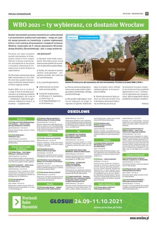 NR 35 (55) – WRZESIEŃ 2021
#WyboryDoRadOsiedli 11
Budżet obywatelski pozwala mieszkańcom zadecydować
o przeznaczeniu publicznych pieniędzy – mogą oni zgło-
sić swoje pomysły na inwestycje, a potem zagłosować,
które z nich zostaną sfinansowane z miejskich funduszy.
Właśnie rozpoczęła się 9. edycja głosowania Wrocław-
skiego Budżetu Obywatelskiego. Jest z czego wybierać.
Pierwszy raz takie narzędzie
zostało zastosowane w brazy-
lijskim mieście Porto Alegre.
Obecnie ta forma uczestnicze-
nia mieszkańców w decyzjach
o miejskich inwestycjach sto-
sowana jest w wielu krajach na
całym świecie.
We Wrocławiu pilotażową edycję
WBO zrealizowano w 2013 roku.
Od 2018 roku zasady funkcjono-
wania budżetów obywatelskich
w Polsce reguluje ustawa.
Budżet WBO 2021 to 25 mln zł,
z czego 16 mln zł zostanie prze-
znaczone na realizację projektów
ponadosiedlowych, zaś 9 mln zł
– osiedlowych. Tegoroczne gło-
sowanie odbędzie w dniach 24
września – 11 października.
Jak głosować?
1. Głosować może każdy miesz-
kaniec Wrocławia przez stronę
www.wroclaw.pl/wbo lub w punk-
tach do głosowania papierowego.
2. Każdy, kto mieszka w naszym
mieście, może głosować – nie-
zależnie od wieku. Nie trzeba też
być zameldowanym.
3. Są 2 sposoby głosowania:
	
◼ elektronicznie na stronie
www.wroclaw.pl/wbo;
	
◼ na kartach do głosowania
w COM przy ul. G. Zapolskiej 4,
pl. Nowy Targ 1-8,
ul. W. Bogusławskiego 8, 10,
al. M. Kromera 44.
4. Podczas jednorazowego głoso-
wania masz prawo wyboru jedne-
go projektu osiedlowego i jednego
ponadosiedlowego.
5. Aby projekt mógł wygrać, musi
zostać oddanych na niego co
najmniej 100 głosów. Wybierane
będą te projekty, które zdobyły
najwięcej głosów, aż do wyczer-
pania środków.
6. Wyniki głosowania będą po-
dane na wroclaw.pl/wbo oraz
w Biuletynie Informacji Publicz-
nej na www.bip.um.wroc.pl.
Na kolejnych stronach znajdu-
je się ostateczna lista projektów
zgłoszonych w 2021 r. Zachęca-
my do zapoznania się z propozy-
cjami, jakie przygotowali liderzy
projektów na waszych osiedlach.
Redakcja
TOMASZ
HOŁOD
WBO 2021 – ty wybierasz, co dostanie Wrocław
Bieńkowice
115. Połączenie Parku Bieńkowickiego
z ul. Boiskową – remont mostka
pieszego [Bieńkowice, Brochów]
piesze/rowerowe | 200 000 zł
Remont drewnianego mostku w Parku
Bieńkowickim.
251. Park Bieńkowicki –
oświetlenie etap 2
zieleń/rekreacja | 500 000 zł
Kontynuacja budowy oświetlenia w Parku
Bieńkowickim.
Biskupin-Sępolno-Dąbie-
Bartoszowice
40. Wielka Wyspa – Park Dąbski –
odbudowa i oświetlenie ścieżek
zieleń/rekreacja | 750 000 zł
Remont głównej alejki, budowa oświetle-
nia placu zabaw dla dzieci, alejki w parku
oraz dojścia do wałów w Parku Dąbskim.
196. Park Szczytnicki – zieleń, stacja
naprawy rowerów, ławki i kosze
zieleń/rekreacja | 200 000 zł
Nasadzenie drzew i krzewów w Parku
Szczytnickim. Dodatkowo mała archi-
tektura oraz stacja naprawy rowerów na
parkingu przy ul. Mickiewicza.
245. Park Doświadczeń
na terenie ZSP 22
place zabaw | 600 000 zł
Budowa placu zabaw w formie Parku Do-
świadczeń przy Przedszkolu nr 27 przy
ul. Dembowskiego 37.
262. Remont Olgi Boznańskiej od
Stanisławskiego do Rodakowskiego
piesze/rowerowe | 500 000 zł
Remont nawierzchni alejki Olgi Boznań-
skiej na odcinku od ul. Stanisławskiego
do ul. Kotsisa oraz remont nawierzchni
alejki Olgi Boznańskiej na odcinku od
ul. Kotsisa do ul. Rodakowskiego.
Borek
76. Ścieżka rowerowa na Sudeckiej
piesze/rowerowe | 750 000 zł
Budowa chodnika i dróg rowerowych
wzdłuż ul. Sudeckiej na odcinku między
ul. Ślężną a Pułtuską.
345. Rewitalizacja Borka –
zielona Sudecka na początku
rewitalizacja | 750 000 zł
Odtworzenie szpalerów drzew i remont
chodników po obu stronach ul. Sudeckiej.
359. Podwórko i teren zielony przy
Ślężnej 176 na Krzykach we Wrocławiu
podwórka | 450 000 zł
Zagospodarowanie i uporządkowanie
wnętrza podwórzowego przy ul. Ślężnej
w zakresie nasadzeń zieleni.
368. Jak ratować drzewa na Borku?
zieleń/rekreacja | 450 000 zł
Wykonanie zabiegów pielęgnacyjnych
i ochronnych w celu ochrony drzew ro-
snących przy Alei Dębowej.
Brochów
197. Brochowskie Skwery – zadbane
i odnowione [ETAP 3][RO Brochów]
zieleń/rekreacja | 750 000 zł
Kontynuacja działań na rzecz rewitaliza-
cji brochowskiej przestrzeni publicznej,
tj. zagospodarowanie zielonych skwerów.
Jest to kontynuacja projektów 296 WBO
2019 i 239 WBO 2020.
Gaj
14. PARKOWY GAJ, SIŁOWNIA
DLA WOJSZYC I GAJU, DRZEWA
PRZY ARMI KRAJOWEJ
zieleń/rekreacja | 750 000 zł
Nasadzenie drzew wzdłuż ul. Armii
Krajowej i doposażenie Parku na Gaju
w siłownię, polanę dla psów i plac za-
baw.
42. BEZPIECZNIE PRZEZ PARK
SKOWRONI-MONTAŻ OŚWIETLENIA
zieleń/rekreacja | 200 000 zł
Budowa oświetlenia dojścia ul. Borowską
do Parku Skowroniego. Jest to kontynu-
acja projektu nr 46 WBO 2018.
165. Polanka – powiększenie
i modernizacja psiego
wybiegu na osiedlu GAJ
zieleń/rekreacja | 750 000 zł
Modernizacja oraz wykonanie oświetle-
nia istniejącego wybiegu dla psów znaj-
dującego się w Parku Słonecznym.
238. PARK SŁONECZNY – Wymiana
oświetlenia wraz z wymianą urządzeń
dużego placu zabaw i montażem
urządzeń siłowni plenerowej
zieleń/rekreacja | 750 000 zł
Wymiana słupów oświetleniowych wraz
z oprawami w Parku Słonecznym. Po-
nadto, projekt zakłada wymianę urzą-
dzeń dużego placu zabaw oraz montaż
elementów siłowni plenerowej.
240. Przebudowa ulicy
Wambierzyckiej od strony
Świeradowskiej
piesze/rowerowe | 600 000 zł
Budowa chodnika, uporządkowanie par-
kowania, nasadzenia drzew oraz montaż
małej architektury na ulicy Wambierzyc-
kiej.
Gajowice
154. KREATYWNE CENTRUM
BEZ BARIER DLA KAŻDEGO
NA GROCHOWEJ
sport | 750 000 zł
Budowa boiska wielofunkcyjnego, mon-
taż oświetlenia oraz elementów małej
architektury na terenie Szkoły Podsta-
wowej nr 43.
296. Krucza – zielone podwórka
podwórka | 750 000 zł
Rewitalizacja podwórka zlokalizo-
wanego w  obszarze ograniczonym
ulicami Kruczą, Mielecką, Połaniec-
ką oraz Górką Pafawag (Wzgórzem
Gajowickim), a także małego terenu
zielonego przy ulicy Kolbuszowskiej.
Na podwórku przy ul. Krucza, Mielec-
ka, Połaniecka, Tarnobrzeska w ramach
Funduszu Osiedlowego planowana jest
realizacja zadania pn. Miejsce spotkań
przy ul. Kruczej.
Gądów-Popowice Płd.
120. Infrastruktura wokół toru
rowerowego Dirt Kosmos
zieleń/rekreacja | 750 000 zł
Budowa toru rowerowego, montaż
oświetlenia oraz wykonanie nasadzeń
zieleni na osiedlu Gądów-Popowice Po-
łudniowe.
145. Park Leonarda da Vinci na
Gądowie Małym – etap IV oraz
dokończenie wygranych projektów
zieleń/rekreacja | 750 000 zł
Kontynuacja prac związanych z realiza-
cją Parku Leonarda da Vinci na Gądowie
Małym. Zakres projektu obejmuje m.in.
street workout oraz siłownię terenową,
linowe urządzenia zręcznościowe dla
starszych dzieci, alejki spacerowe oraz
montaż elementów małej architektury.
Jest to kontynuacja projektów nr 220
WBO 2018, nr 100 WBO 2019, 155 WBO
2020.
Grabiszyn-Grabiszynek
214. Instalacja ławek na skwerze
zielonym na pętli przy ul. Blacharskiej
zieleń/rekreacja | 50 000 zł
Postawienie ławek na zielonym skwerze
przy ul. Blacharskiej.
218. Wypasiony plac zabaw w Parku
Grabiszyńskim przy Hallera
place zabaw | 750 000 zł
Stworzenie placu zabaw dla dzieci w Par-
ku Grabiszyńskim.
281. Z KULTURĄ DO ZWIERZĄT –
rekreacyjna przestrzeń zielona
zieleń/rekreacja | 20 000 zł
Dostawa i montaż poidełek dla owadów
i ptaków oraz hoteli dla zapylaczy na te-
renie Górki Skarbowców.
OSIEDLOWE
www.wroclaw.pl/wbo
Więcej na:
Kużnia Piratów przy skrzyżowaniu ulic Hermanowskiej i Puckiej to projekt WBO z 2016 r.
www.wroclaw.pl/wbo
 