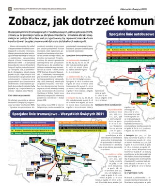 BEZPŁATNY BIULETYN INFORMACYJNY URZĘDU MIEJSKIEGO WROCŁAWIA #WszystkichŚwiętych2021
10
Zobacz, jak dotrzeć komuni
8 specjalnych linii tramwajowych i 7 autobusowych, pełna gotowość MPK,
zmiany w organizacji ruchu w obrębie cmentarzy i działania straży miej-
skiej oraz policji – Wrocław jest przygotowany, by zapewnić mieszkańcom
komfortowe i bezpieczne warunki dotarcia do lokalnych nekropolii.
– Miasto robi wszystko, by zadbać
o bezpieczeństwo wrocławian zmie-
rzających na lokalne cmentarze,
dlatego pierwsze specjalne autobu-
sy i tramwaje wyruszyły na ulice już
23 października – zaznacza Adam
Więcek z Biura Zrównoważonej
Mobilności UMW. – Ze specjalnej
komunikacji w okresie Wszystkich
Świętych będzie można korzystać
do 2 listopada, a od 30 październi-
ka do 1 listopada na ulicach miasta
pojawi się aż 8 specjalnych linii
tramwajowych i 7 specjalnych linii
autobusowych, co oznacza, że na
przystankach przy cmentarzach
Osobowickim i Grabiszyńskim po-
jazdy komunikacji miejskiej będą
pojawiać się z częstotliwością co
minutę – wyjaśnia Adam Więcek.
Cały tabor w gotowości
Do obsługi pasażerów w okresie
Wszystkich Świętych przygoto-
wane jest także wrocławskie MPK.
– Sprawne zorganizowanie ko-
munikacji miejskiej w tym czasie
jest naszym priorytetem. To duże
wyzwanie, także logistyczne, po-
nieważ uruchamiamy w tym okre-
sie sto procent naszego taboru, ale
jesteśmy na to gotowi. Przygoto-
waliśmy dla naszych pasażerów
szeroką ofertę linii specjalnych.
Wszystko po to, aby umożliwić po-
dróżnym rozłożenie wizyt na cmen-
tarzach w czasie – mówi prezes
MPK Wrocław Krzysztof Balawej-
der. – Dodatkowo, harmonogram
prac torowych w ramach TORYwo-
lucji opracowaliśmy w taki sposób,
aby część inwestycji zakończyła
się przed 1 listopada, a inne mia-
ły w tym okresie przerwę. Dotyczy
to prac w ulicach Mikołaja, Ruskiej
oraz skrzyżowania Kazimierza
Wielkiego z Widok. Dzięki temu
ułatwimy transport do cmentarzy
pasażerom i kierowcom – dodaje
prezes MPK.
Jak jeżdżą wozy MPK w okresie
świątecznym, można sprawdzić na
przystankach tramwajowych i auto-
busowych. Specjalne rozkłady jazdy
już zostały zawieszone.
Specjalne linie tramwajowe
30 października tramwaje li-
nii E2, E3, E4, E5, E6, E7, E8
i E9 będą kursowały w godz.
8–18 co 20 minut. Linia
74 będzie jeździła w godz.
8–18 co 10 minut.
31 października E2, E3, E4,
E5, E6, E7 i E8 będą kursowa-
ły w godz. 8–18 co 10 minut oraz
w godz. 18–20 co 20 minut. Linia
tramwajowa E9 w godz. 8–20 co
20 minut. Linia 74 będzie jeździła
w godz. 8–18 co 5 minut, a od godz.
18 do 20 co 10 minut.
1 listopada E2, E3, E4, E5, E6, E7
i E8 będą kursowały w godz. 8–18
co 10 minut oraz w godz. 18–20 co
20 minut. Linia tramwajowa E9
w godz. 8–20 co 20 minut. Linia 74
będzie jeź-
dziła w godz.
8–18 co 5 mi-
nut, a od godz. 18 do
20 co 10 minut.
Specjalne linie autobusowe
30 października
autobusy linii
301, 307, 322,
334, 335, 336
i  350 będą jeź-
d z i ł y w   g o d z .
8–18 co 15 mi-
nut. Wszystkie
kursy wozów
7 2 0 w   g o d z .
9 – 1 8 z o s t a n ą
przedłużone w obu
kierunkach od alei Hallera
przez ulicę Grabiszyńską
do przystanku Grabiszyń-
ska (Cmentarz II) i autobusy
będą w tym okresie kursowały
co 10 minut.
3 1 p a ź d z i e r n i k a
a u t o b u s y 3 0 1 ,
307, 334, 350
będą jeździły
w  godz. 8–18
co 15 minut oraz
w   g o d z . 1 8 – 2 0
co 30 minut. Zaś 322,
335, 336 będą kurso-
wały w godz. 8-15 co 10
minut, w godz. 15-18 co 15
minut, a w godz. 18–20 co 30 mi-
nut. Wszystkie kursy wozów 720
w godz. 8–20
zostaną prze-
dłużone w  obu
kierunkach od alei
Hallera przez uli-
cę Grabiszyńską do
przystanku Grabi-
szyńska (Cmentarz II),
autobusy będą woziły pasażerów
od godz. 8 do 18 co 7,5 minuty,
a w godz. 18–20 co 10 minut.
1 listopada 301, 307, 334, 350
będą kursowały w godz. 8–18 co
15 minut oraz w godz. 18–20 co
30 minut. Autobusy 322, 335, 336
w godz. 8-15 co 10 minut, w godz.
15–18 co 15 minut, a w godz. 18–
20 co 30 minut. Wszystkie kursy
wozów 720 w godz. 8–20 zostaną
przedłużone w obu kierunkach od
alei Hallera przez ulicę Grabiszyń-
ską do przystanku Grabiszyńska
(Cmentarz II) i autobusy będą jeź-
dziły od godz. 8 do 18 co 7,5 mi-
nuty, a w godz. 18–20 co 10 minut.
Zmiany
w organizacji ruchu
W dniach 31 października – 2 li-
stopada cmentarze komunalne we
Wrocławiu będą otwarte w godz.
 