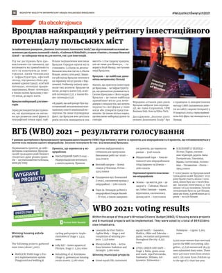 BEZPŁATNY BIULETYN INFORMACYJNY URZĘDU MIEJSKIEGO WROCŁAWIA #WszystkichŚwiętych2021
18
Dla obcokrajowca
За найновішим рапортом „Business Environment Assessment Study”
, що підготовлений на основі не-
залежних досліджень компаній «Antal», «Cushman  Wakefield», а також «Vastint», столиця Нижньої
Сілезії – це найкраще місце як для життя, так і для інвестицій.
Під час досліджень було про-
аналізовано сім чинників, що
впливають на привабливість
міст та заохочують до інвес-
тування. Цими чинниками
є: інфраструктура, офісний
сектор, підтримка з боку дер-
жавної адміністрації, освітній
потенціал, потенціал працев-
лаштування, бізнес-потенціал,
а також оцінка Вроцлава у яко-
сті місця, де варто жити.
Вроцлав найкращий для інвес-
торів
Серед респондентів досліджен-
ня, які відповідали на питан-
ня про розвиток своєї фірми (з
географічної точки зору), най-
більше зацікавлення викликає
Вроцлав. Середня оцінка міста
становить 7,2 балів за десяти-
бальною шкалою (це на 0,2 балів
більше, аніж у 2019 році). Завдя-
ки цій оцінці Вроцлав опинився
на першому місці (разом з Вар-
шавою). Найвищу оцінку одер-
жали такі аспекти: Вроцлав як
місце, де варто жити (7,9), освіт-
ній потенціал (7,7), а також біз-
нес-потенціал (7,7).
«Я радий, що цей рапорт був під-
готовлений незалежними ком-
паніями у якості зовнішньої екс-
пертизи. Це лише підтверджує
факт, що Вроцлав вже декілька
років поспіль знаходиться «на
висоті» і стає щоразу кращим,
але не лише для бізнесу», – го-
ворить Якуб Мазур, заступник
мера Вроцлава.
Вроцлав – це найбільш дина-
мічна метрополія у Польщі
Магніт, що притягує інвесторів
до Вроцлава – це інфраструкту-
ра, що динамічно розвивається.
Силою Вроцлава є його кадри.
Вроцлав – це також найбільш
привабливе місто для мене-
джерів і спеціалістів, які хочуть
перенести свої фірми у інше
місце або утворити представ-
ництво. Це також міська марка,
що викликає найкращі думки та
спогади.
Впродовж останніх двох років
Вроцлав вибрали такі корпора-
ції, як: Gates Corporation, UPM
Business Hub, Oras та Klika-Tech.
Дослідження „Business Envir
onment Assessment Study” бул
о проведено із використанням
методу CAWI (заповнення анке-
ти на сайті у мережі Інтернет) у
IV кварталі 2020 р. серед керівни-
цтва 809 фірм, що знаходяться у
Польщі.
У рамках цьогорічного Вроцлавського громадянського бюджету (WBO) буде втілено у життя 12 проектів для мікрорайонів та 8 проектів, що втілюватимуться у
життя поза межами одного мікрорайону. Загалом голосувало 89 тис. 933 мешканці Вроцлава.
Переважають проекти, де лейт-
мотивом є озеленення. Вроцлав-
ський громадянський бюджет
стосується дуже різних проек-
тів – ця різноманітність більша,
аніж рік тому.
Проекти, що перемогли у мі-
крорайонах
	
◼ МАСЬЛІЦЬКИЙ ПАРК II етап –
Модернізація вже втіленого
у життя проекту. Проекти
дитячих майданчиків та
стежинок для прогулянок.
Виконання робіт на І етапі –
3414 голоси
	
◼ Веселий пагорок – Зелені
сквери у Пільчице, II етап –
3404 голоси
	
◼ Поширення вул. Кминкової
(I етап), озеленення вулиць у
мікрорайоні – 3280 голосів
	
◼ Парк ім. Леонардо да Вінчі у
мікрорпйоні Гондув Малий
– IV етап, а також завершен-
ня проектів, що перемогли
раніше – 3248 голосів
	
◼ Міщанський парк – Зона ак-
тивності між мікрорайонами
«Над Одером» та Шчепін –
3080 голосів
Переможніпроектипозамежа-
ми мікрорайонів
	
◼ Зелень – це життя, рух – це
здоров’я – Ґайовіце, Масьлі-
це, Олбін і Закшув – парки,
відпочинок, озеленення у
цілому місті – 6335 голоси
	
◼ Я ЗЕЛЕНИЙ І У БЕЗПЕЦІ –
ІІІ етап. Парки, озелене-
ния території, дороги. Липа
Пьотровська, Павловіце,
Відава, Солтисовіце, Поляно-
віце – Посьвєнтне –Лігота –
5904 голоси
У голосуванні за Вроцлавський
громадянський бюджет 2021
року брали участь жінки і чоло-
віки, жінок було на 9 тисяч біль-
ше. Загалом голосувало 47 536
жінок i 38 433 чоловіків. Голосів
пенсіонерів було на 416 більше,
аніж рік тому, а дітей віком до 12
років – на 1126 більше.
Within the scope of this year’s Wroclaw Citizens’ Budget (WBO), 12 housing estate projects
and 8 municipal projects will be implemented. They were voted by a total of 89,933 Wro-
claw inhabitants.
Winning housing estate
projects
The following projects gathered
most votes (above 3,000):
	
◼ MAŚLICKI PARK Stage 2 Pro-
ject implementation update.
Playground and walking 
cycling path projects. Imple-
mentation of Stage 1: 3,414
votes
	
◼ Jolly hill – Green squares of
Pilczyce, Stage 2: 3,404 votes
	
◼ Rebuilding of ul. Kminkowa
(Stage 1), greenery on housing
estate streets: 3,280 votes
	
◼ Leonardo da Vinci Park in
Gądów Mały – Stage 4 and
completion of winning pro-
jects: 3,248 votes
	
◼ Mieszczański Park – Active
Zone between Nadodrze and
Szczepin: 3,080 votes
Winning municipal projects
	
◼ Green equals life, movement
equals health – Gajowice,
Maślice, Ołbin and Zakrzów –
parks, recreation and greenery
throughout the city: 6,335
votes
	
◼ I FEEL GREEN AND SAFE –
Stage 3. Parks, green areas
and roads. Lipa Piotrowska,
Pawłowice, Widawa, Soł-
tysowice, Polanowice –
Poświętne – Ligota: 5,904
votes
9,000 more women than men took
part in the WBO 2021 voting. Alto-
gether, 47,536 women and 38,433
men submitted their votes. There
were 416 more votes from seniors
and 1,126 more from children up
to the age of 12 than last year.
Вроцлав найкращий у рейтингу інвестиційного
потенціалу польських міст
ВГБ (WBO) 2021 – результати голосування
WBO 2021: voting results TOMASZ
HOŁOD
 