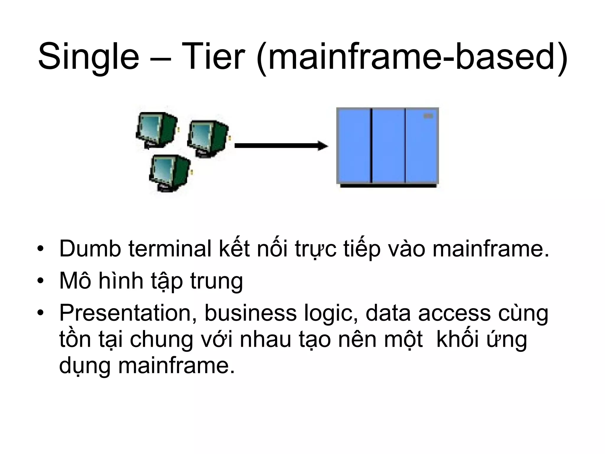 Single – Tier (mainframe-based) Dumb terminal kết nối trực tiếp vào mainframe. Mô hình tập trung Presentation, business logic, data access cùng tồn tại chung với nhau tạo nên một  khối ứng dụng mainframe. 
