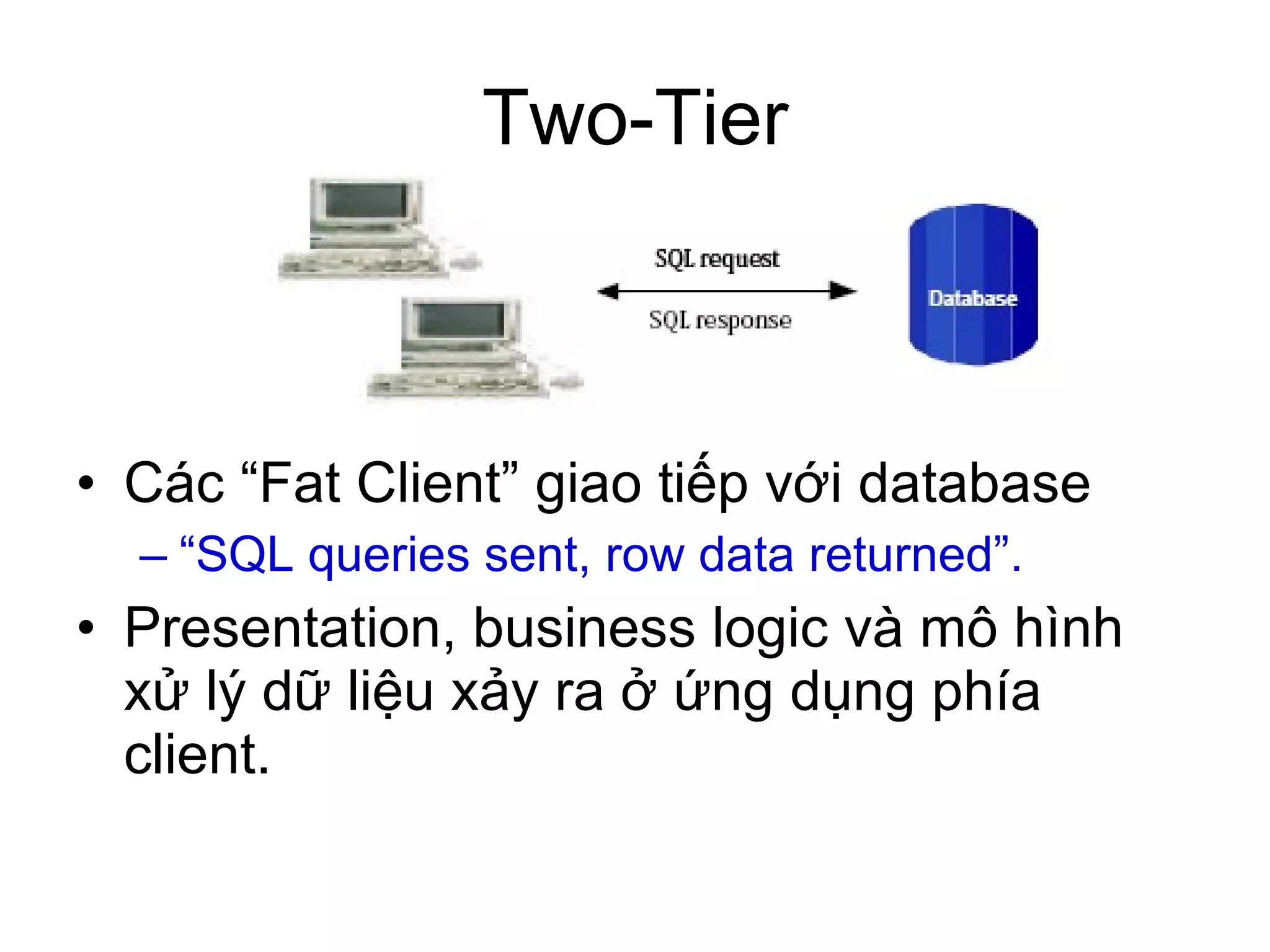 Two-Tier Các “Fat Client” giao tiếp với database “ SQL queries sent, row data returned”. Presentation, business logic và mô hình xử lý dữ liệu xảy ra ở ứng dụng phía client. 