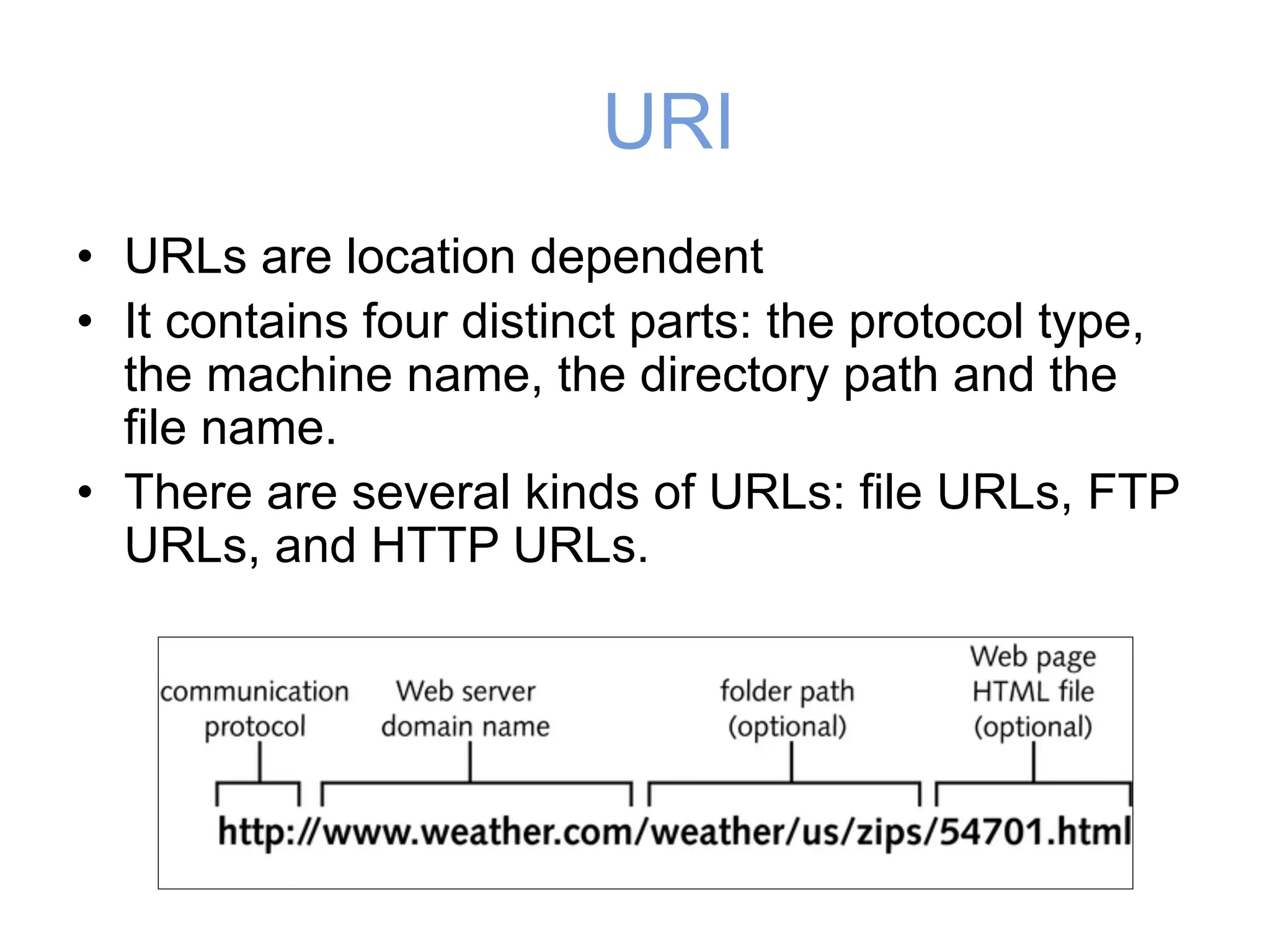 URI
• URLs are location dependent
• It contains four distinct parts: the protocol type,
the machine name, the directory path and the
file name.
• There are several kinds of URLs: file URLs, FTP
URLs, and HTTP URLs.
 