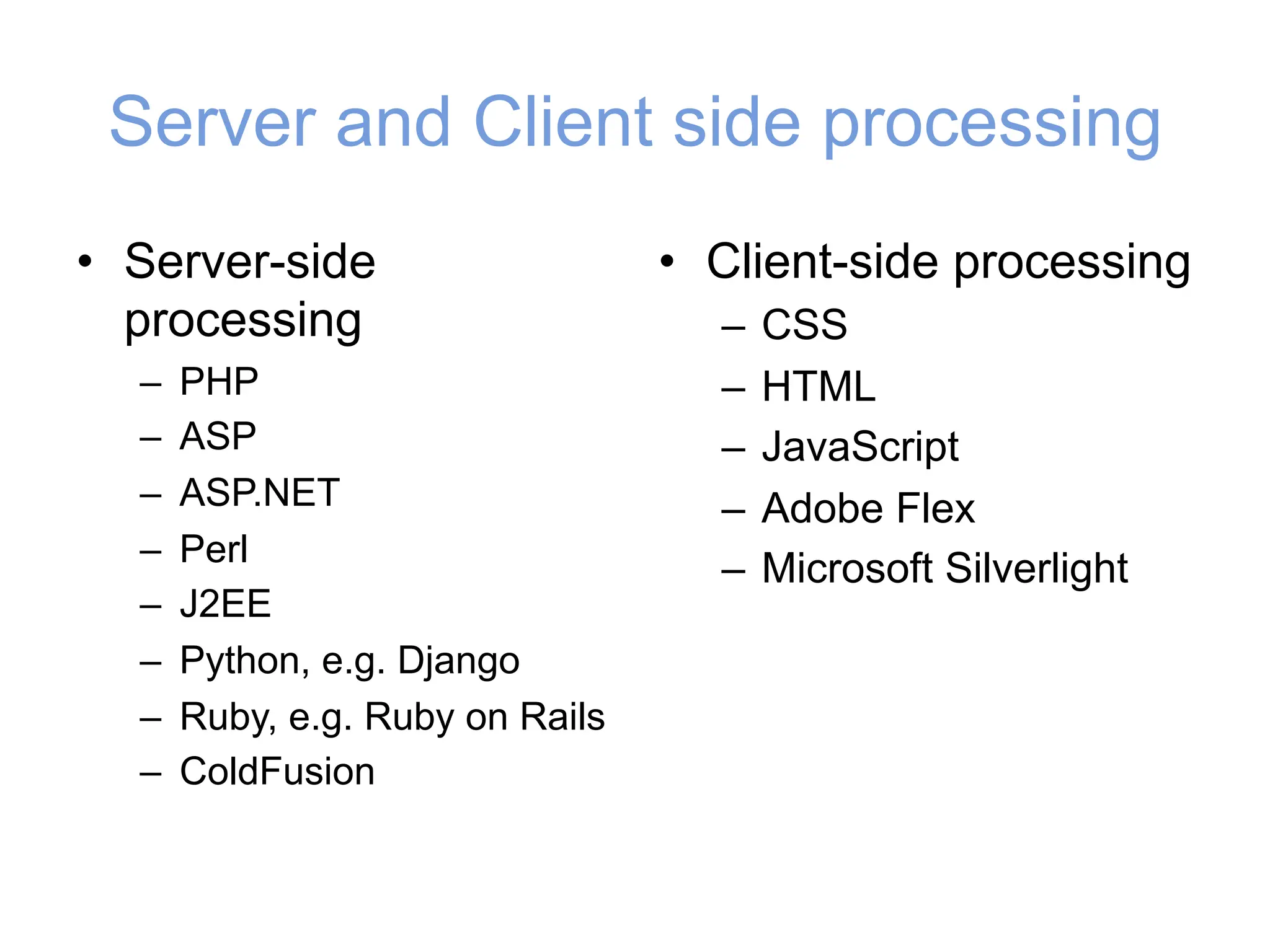 Server and Client side processing
• Server-side
processing
– PHP
– ASP
– ASP.NET
– Perl
– J2EE
– Python, e.g. Django
– Ruby, e.g. Ruby on Rails
– ColdFusion
• Client-side processing
– CSS
– HTML
– JavaScript
– Adobe Flex
– Microsoft Silverlight
 
