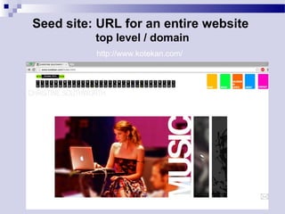 Seed site: URL for an entire website
top level / domain
http://www.kotekan.com/
 