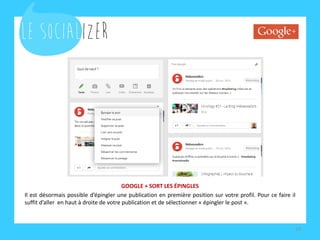 GOOGLE + SORT LES ÉPINGLES 
Il est désormais possible d’épingler une publication en première position sur votre profil. Pour ce faire il suffit d’aller en haut à droite de votre publication et de sélectionner « épingler le post ». 
19  