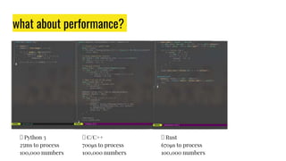 what about performance?
🠞 Python 3
25ms to process
100,000 numbers
🠞 C/C++
700µs to process
100,000 numbers
🠞 Rust
670µs to process
100,000 numbers
 