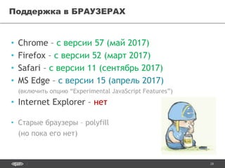 28
• Chrome – с версии 57 (май 2017)
• Firefox – с версии 52 (март 2017)
• Safari – с версии 11 (сентябрь 2017)
• MS Edge – с версии 15 (апрель 2017)
(включить опцию “Experimental JavaScript Features”)
• Internet Explorer – нет
• Старые браузеры – polyfill
(но пока его нет)
Поддержка в БРАУЗЕРАХ
 
