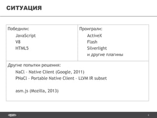6
Победили:
JavaScript
V8
HTML5
СИТУАЦИЯ
Проиграли:
ActiveX
Flash
Silverlight
и другие плагины
Другие попытки решения:
NaCl – Native Client (Google, 2011)
PNaCl – Portable Native Client – LLVM IR subset
asm.js (Mozilla, 2013)
 