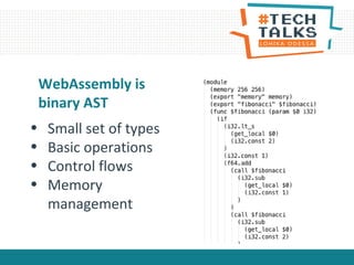 WebAssembly is
binary AST
• Small set of types
• Basic operations
• Control flows
• Memory
management
 