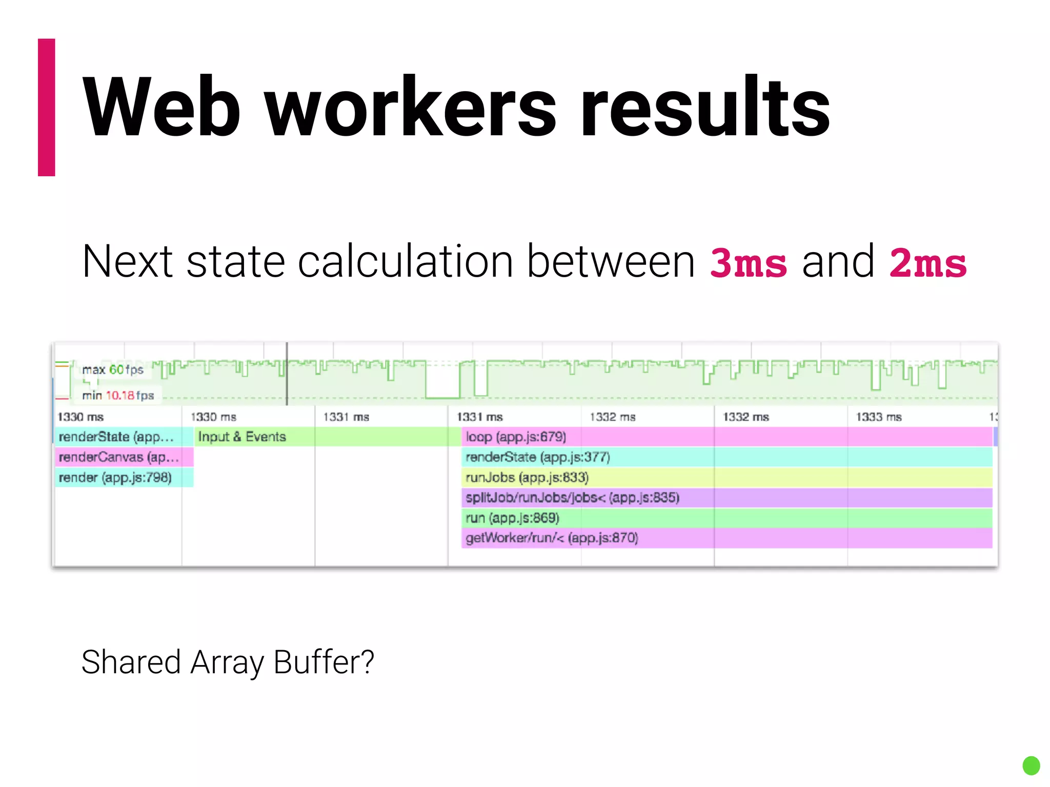 Web workers results
Next state calculation between 3ms and 2ms
Shared Array Buffer?
 