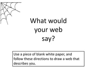 What would
your web
say?
Use a piece of blank white paper, and
follow these directions to draw a web that
describes you.
 