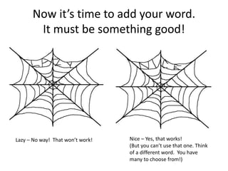 Now it’s time to add your word.
It must be something good!
Lazy – No way! That won’t work! Nice – Yes, that works!
(But you can’t use that one. Think
of a different word. You have
many to choose from!)