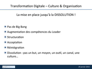 29	
  janvier	
  2015	
  29	
  janvier	
  2015	
  
TITRE	
  DE	
  LA	
  SLIDE	
  
TransformaPon	
  Digitale	
  –	
  Culture	
  &	
  OrganisaPon	
  
La	
  mise	
  en	
  place	
  jusqu’à	
  la	
  DISSOLUTION	
  !	
  
	
  
	
  
☀ Pas	
  de	
  Big	
  Bang	
  
☀ AugmentaPon	
  des	
  compétences	
  du	
  Leader	
  
☀ StructuraPon	
  
☀ AcceptaPon	
  
☀ RéintégraPon	
  
☀ DissoluPon	
  :	
  pas	
  un	
  but,	
  un	
  moyen,	
  un	
  ouPl,	
  un	
  canal,	
  une	
  
culture…	
  
 