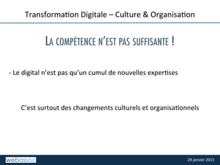 29	
  janvier	
  2015	
  29	
  janvier	
  2015	
  
-­‐	
  Le	
  digital	
  n’est	
  pas	
  qu’un	
  cumul	
  de	
  nouvelles	
  experPses	
  
	
  
	
  
	
  
C’est	
  surtout	
  des	
  changements	
  culturels	
  et	
  organisaPonnels	
  
TransformaPon	
  Digitale	
  –	
  Culture	
  &	
  OrganisaPon	
  
	
  
LA COMPÉTENCE N’EST PAS SUFFISANTE !
 