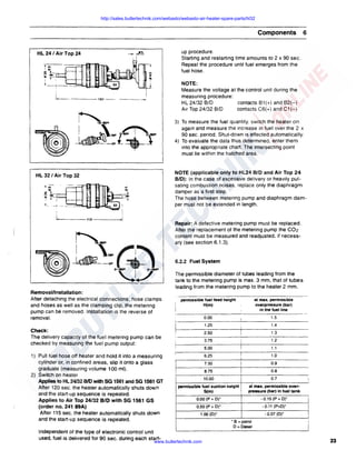 http://sales.butlertechnik.com/webasto/webasto-air-heater-spare-parts/hl32

Components
up procedure.
Starting and restarting time amounts to 2 x 90 sec.
Repeat the procedure until fuel emerges from the
fuel hose.

HL 24 /Air Top 24
! ..
. "'L

"'
M

~

'

...

II

.-----.
'

NOTE:
Measure the voltage at the control unit during the
measuring procedure:
HL 24/32 8/D
contacts 81(+) and 82(-)
Air Top 24/32 8/D
contacts C6(+) and C1(-)

I

I

I---. ----151 - - - - - - - -·

~

~-900
!

~160 ~~--

~ J~~::U~ f._}

•;;--·
'
f"'I_., .
., "'1__
__

"'

•

)

3) To measure the fuel quantity, switch the heater on

again and measure the increase in fuel over the 2 x
90 sec. period. Shut-down is effected automatically.
4) To evaluate the data thus determined, enter them
into the appropriate chart. The intersecting point
must lie within the hatched area.

NOTE (applicable only to HL24 B/D and Air Top 24
B/D): In the case of excessive delivery or heavily pulsating combustion noises, replace only the diaphragm
damper as a first step.
The hose between metering pump and diaphragm damper must not be extended in length.

HL 32 I Air Top 32

I

6

..
--,

"'·,

-

~

I

1------113-----

Repair: A defective metering pump must be replaced.
After the replacement of the metering pump the C02
content must be measured and readjusted. if necessary (see section 6.1.3).

6.2.2 Fuel System
The permissible diameter of tubes leading from the
tank to the metering pump is max. 3 mm, that of tubes
leading from the metering pump to the heater 2 mm.
Removal/Installation:
After detaching the electrical connections. hose clamps
and hoses as well as the clamping clip, the metering
pump can be removed. Installation is the reverse of
removal.

permissible fuel feed height
H(m)

at max. permissible
overpressure (bar)
in the fuel line

0.00

1.5

1.25

Check:
The delivery capacity of the fuel metering pump can be
checked by measuring the fuel pump output:

1.3

3.75

..

1.4

2.50

1.2

5.00

1) Pull fuel hose off heater and hold it into a measuring
cylinder or, in confined areas, slip it onto a glass
graduate (measuring volume 100 ml).
2) Switch on heater
Applies to HL 24132 BID with SG 1561 and SG 1561 GT
After 120 sec. the heater automatically shuts down
and the start-up sequence is repeated.
Applies to Air Top 24/32 B/D with SG 1561 GS
(order no. 241 89A)
After 115 sec. the heater automatically shuts down
and the start-up sequence is repeated.
Independent of the type of electronic control unit
used, fuel is delivered for 90 sec. during each start-

1.1

6.25

1.0

7.50

0.9

8.75

0.8

10.00

0.7

i

permissible fuel suction height I
S(m)
!

!

at max. permissible overpressure (bar) in fuel tank

0.00 (P + D)"

-0.15 (P + D)"

i

o.5o (P +or

-0.11 (P+D)"

!

1.00 (D)"

-0.07 (D)"

!

www.butlertechnik.com

• B =petrol
D =Diesel

I

i
23

 