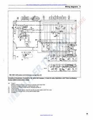 http://sales.butlertechnik.com/webasto/webasto-air-heater-spare-parts/hl32

Wiring diagrams 9

0

X4

I
~

M

R2 E

Bl B2

--~=-J-J~- --,

(dV

'

~"-v..................... --- - ....r)
~~Ju ~. -t_~
.

56

Hl24

SG 1561 with pulse-controlled glow plug relay A4
Circuitry of Automatic Control for HL 24/32 B/D Heaters, 12 and 24 volts, Operation with Timer and Battery
Switch (88014-3000-0008/ -0009)
30

31
32
33
34
35

TimerP:
positive voltage at terminal 9 =continuous operation with instant heat
no positive voltage at terminal 9 = heating period 1 hour
to terrmnal 75. ii present in the vehicle, otherwise terminal 15
vehicle lighting
broken lines are alternatives. relays KS and K6 only when battery switch S2 is used
remove this connection when using a petrol-fuelled heater
ventilation

www.butlertechnik.com

39

 