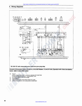 http://sales.butlertechnik.com/webasto/webasto-air-heater-spare-parts/hl32

9 Wiring diagrams

X4

B

;]

c

m

D

~

SG 1561 GT with integrated pulse-controlled glow plug relay
Circuitry of Automatic Control for the HL 24/32 B/D Heaters, 12 and 24 volts, Operation with Timer and Battery
Switch (88014-3000-0008/ -0009)
30

31
32
33
34

40

TimerP:
positive voltage at terminal 9 = conlinuous operation with instant heat
no positive vollage at terminal 9 = heating period 1 hour
HL 24 with bridge/ HL 32 without bridge
vehicle fighting
relays KS and K6 only when battery switch S2 is used
remove this connection when using a petrol-fuelled heater

www.butlertechnik.com

 