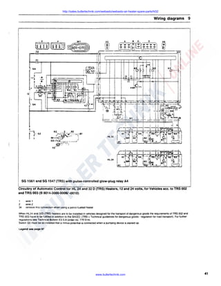 http://sales.butlertechnik.com/webasto/webasto-air-heater-spare-parts/hl32

Wiring diagrams 9

E

llif]
F2
F1

-54

R2

E

82

r~1~-~8,

M~

SJ~ .... ~- ______/

,

Hl32

~~t~~~~

Y2

Hl24

, SG 1561 snd SG 1547 (TRS) with pulse-controlled glow-plug relay A4
Circuitry of Automatic Control for HL 24 and 32 D (TRS) Heaters, 12 and 24 volts, for Vehicles acc. to TRS 002
and TRS 003 (B 8014-3000-00061-0010)
1
2
34

wire 1
wire 2
remove this connection when using a petrol-fuelled heater

When HL24 and 320 (TRS) heaters are to be installed in vehicles designed for the transport of dangerous goods the requirements of TRS 002 and
TRS 003 have to be fulfilled in addition to the StVZO. (TRS =Technical guidelines for dangerous goods - regulation for road transport). For further
regulations see Technical Bulletin E3-5.8 (order no. 770 514).
Switch SS must be so installed that a minus potential is connected when a pumping device is started up.

Legend see page 97

www.butlertechnik.com

41

 